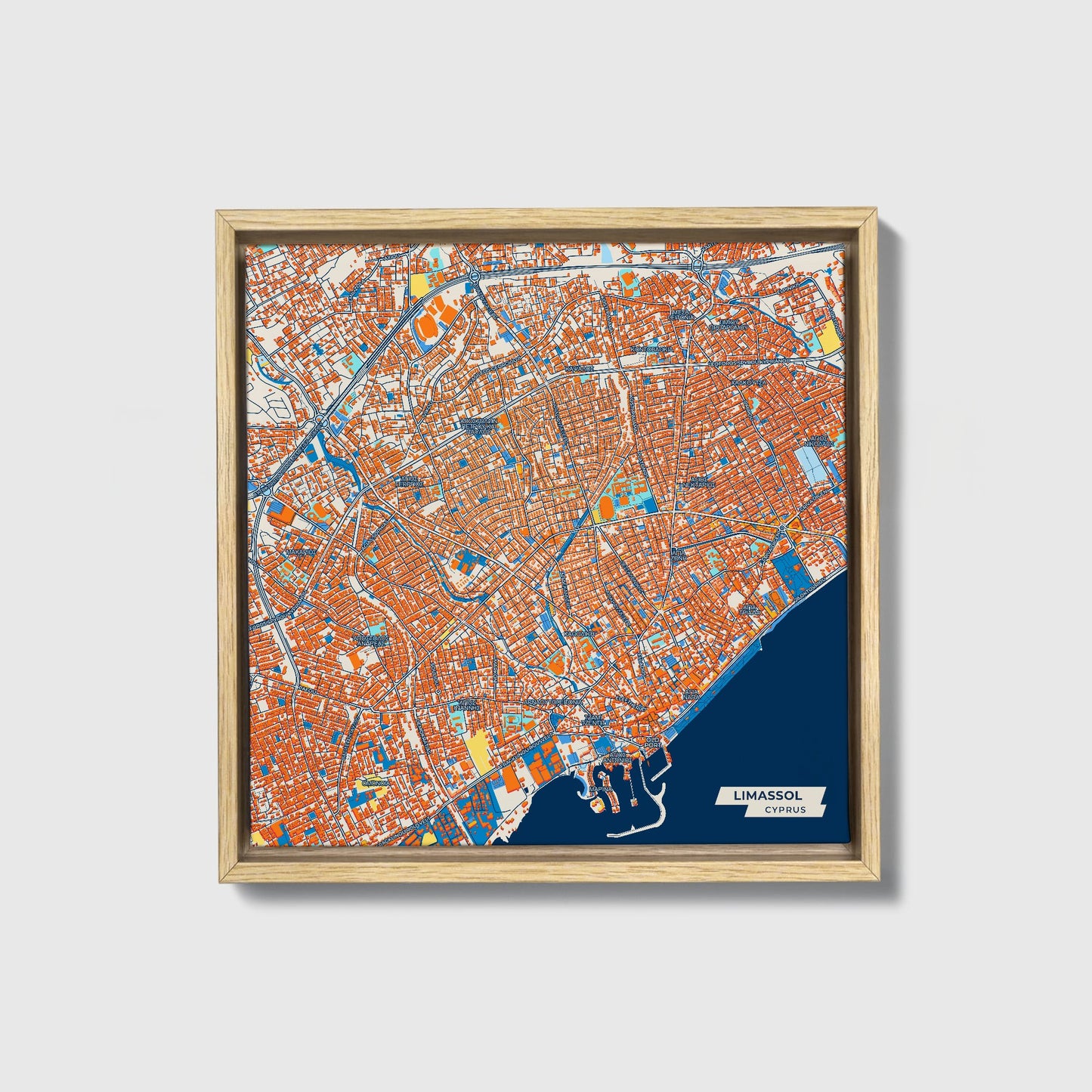 Limassol   Cyprus Colorful City Map Canvas Print • Natural Wooden Framed