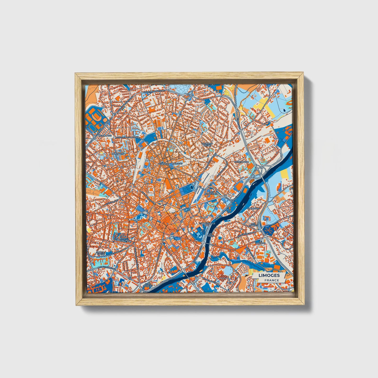 Limoges France Colorful City Map Canvas Print • Natural Wooden Framed