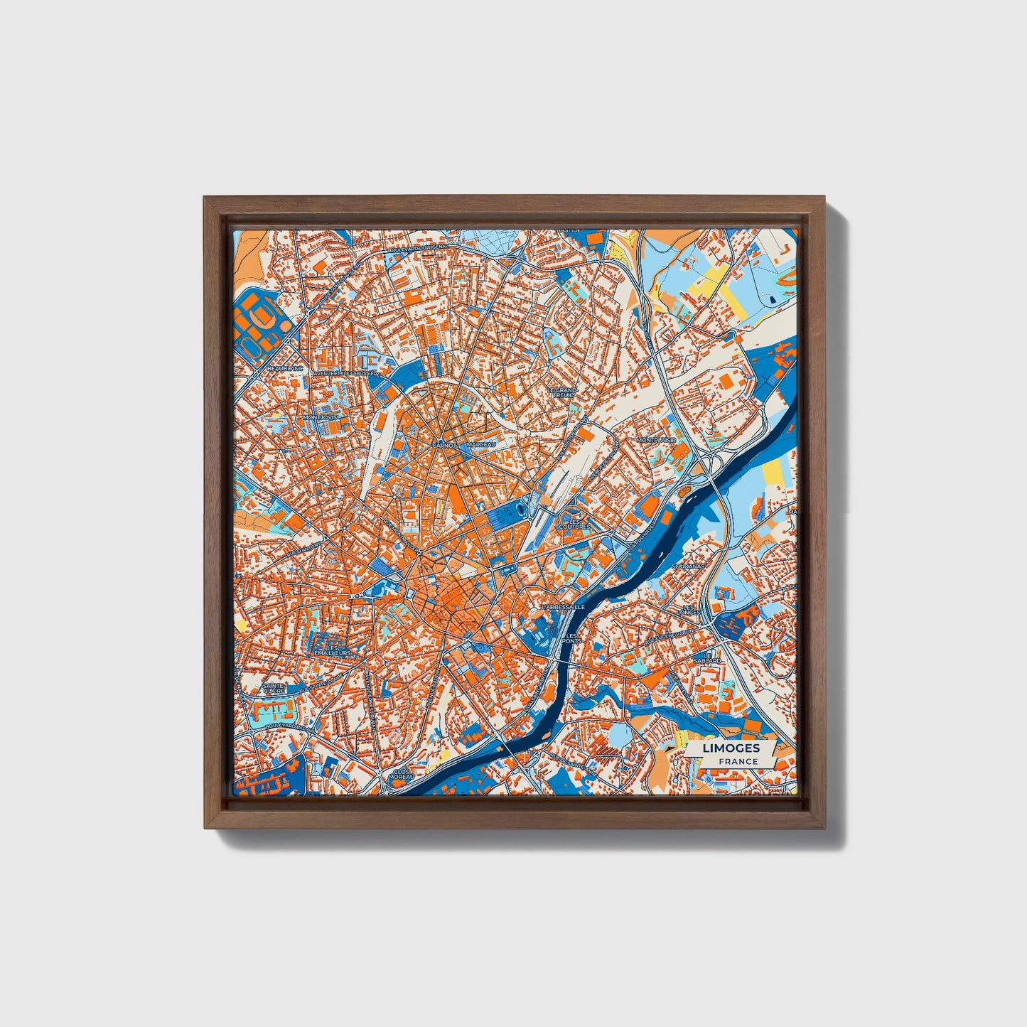 Limoges France Colorful City Map Canvas Print • Dark Wooden Framed
