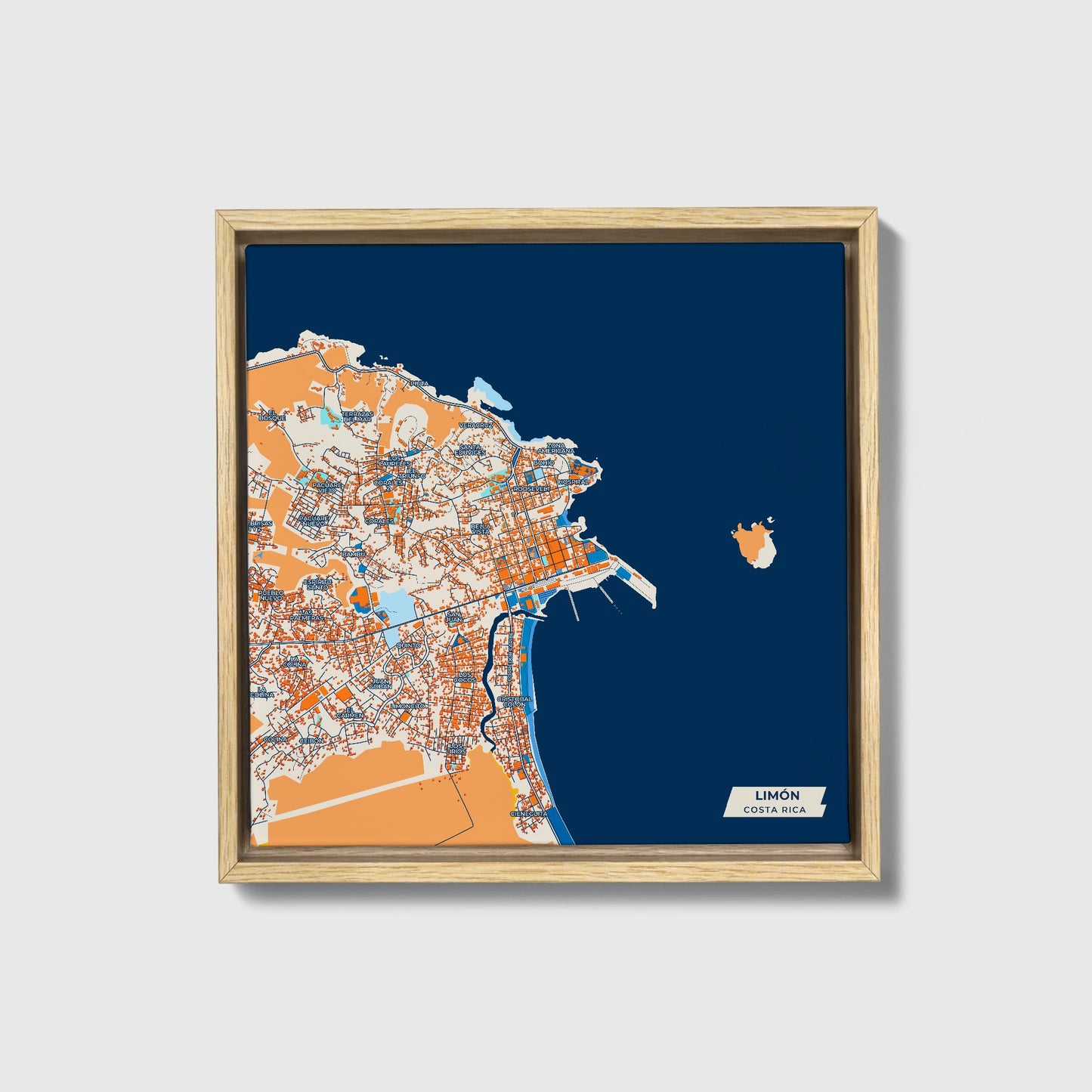 Limón Costa Rica Colorful City Map Canvas Print • Natural Wooden Framed