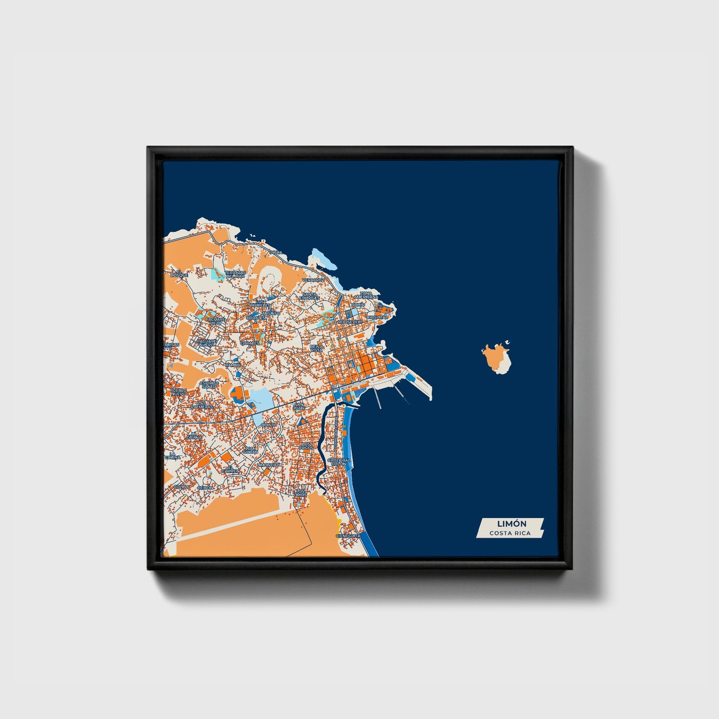 Limón Costa Rica Colorful City Map Canvas Print • Black Framed