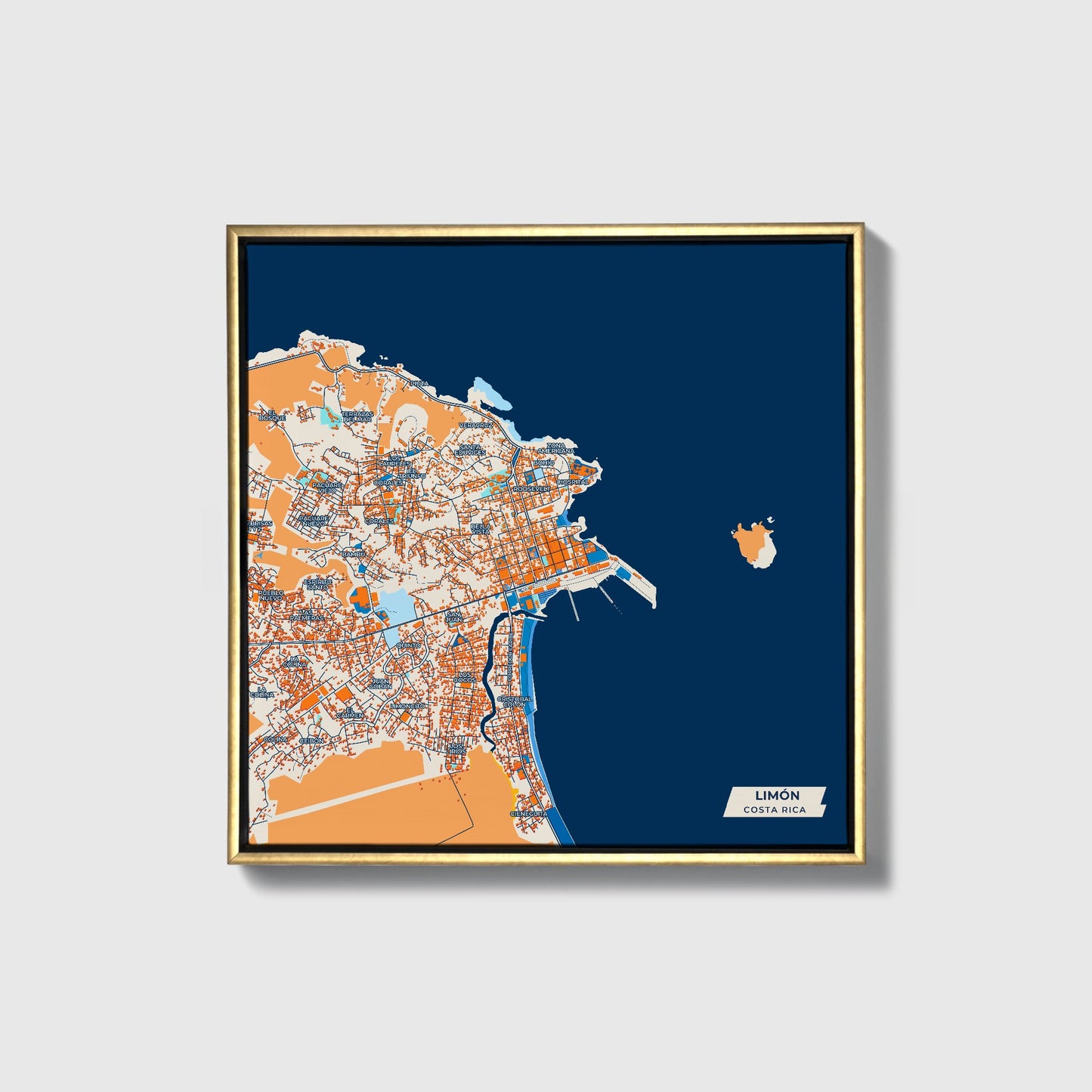 Limón Costa Rica Colorful City Map Canvas Print • Gold Framed