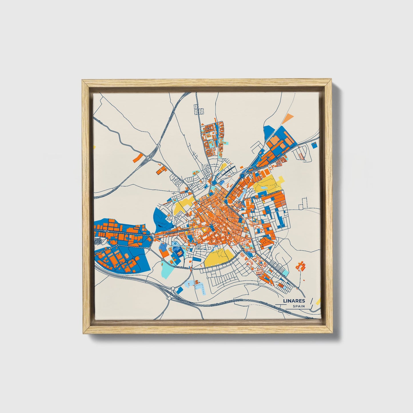 Linares Spain Colorful City Map Canvas Print • Natural Wooden Framed