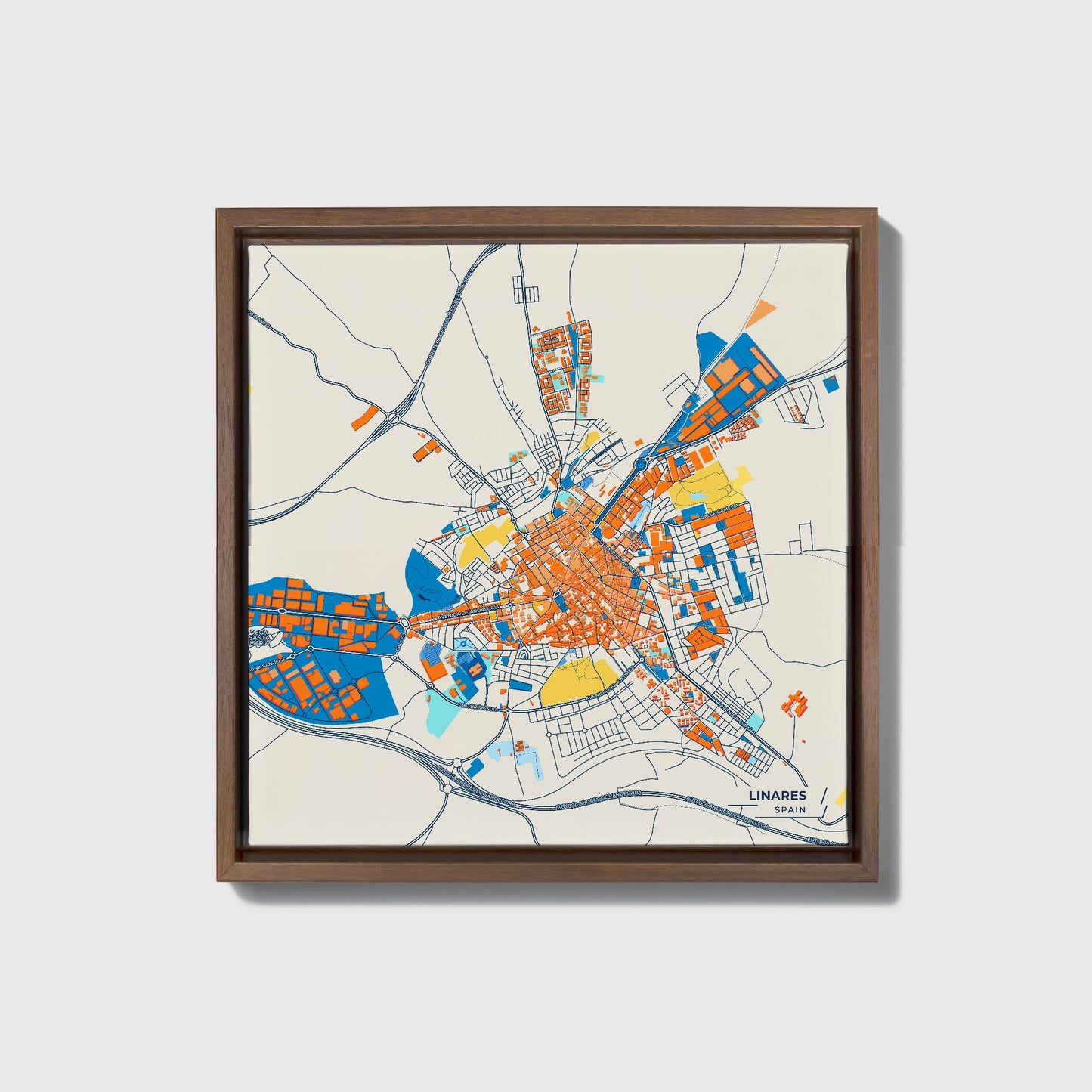 Linares Spain Colorful City Map Canvas Print • Dark Wooden Framed