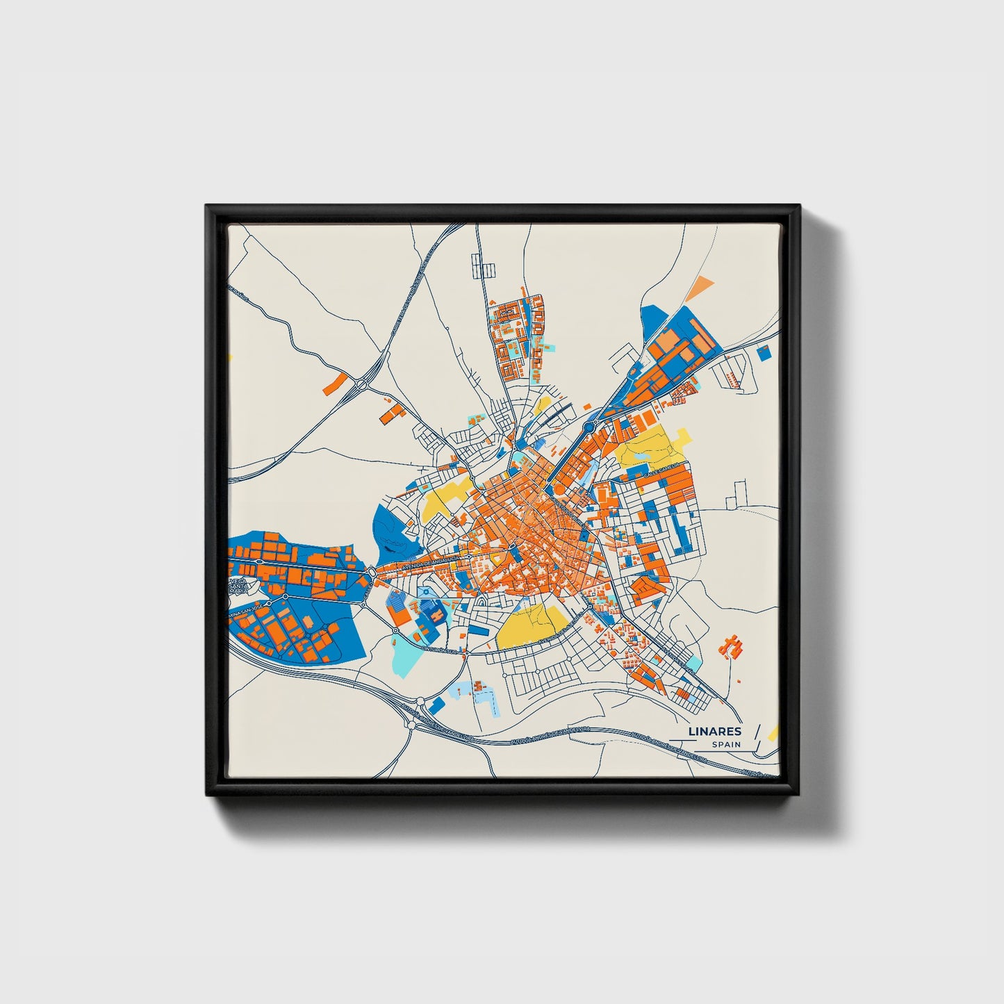Linares Spain Colorful City Map Canvas Print • Black Framed