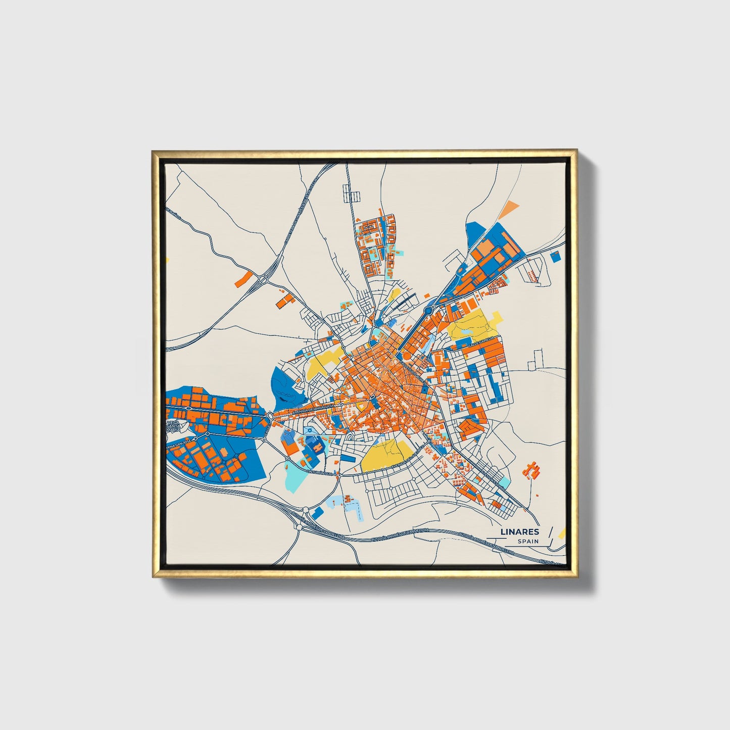 Linares Spain Colorful City Map Canvas Print • Gold Framed