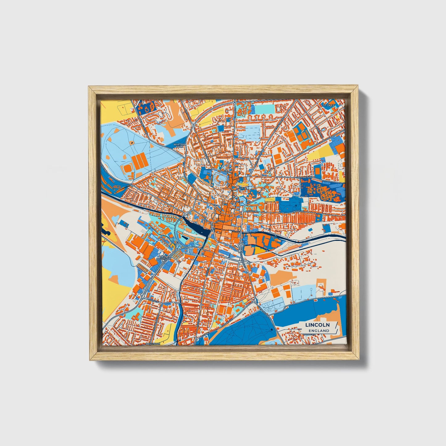 Lincoln England Colorful City Map Canvas Print • Natural Wooden Framed