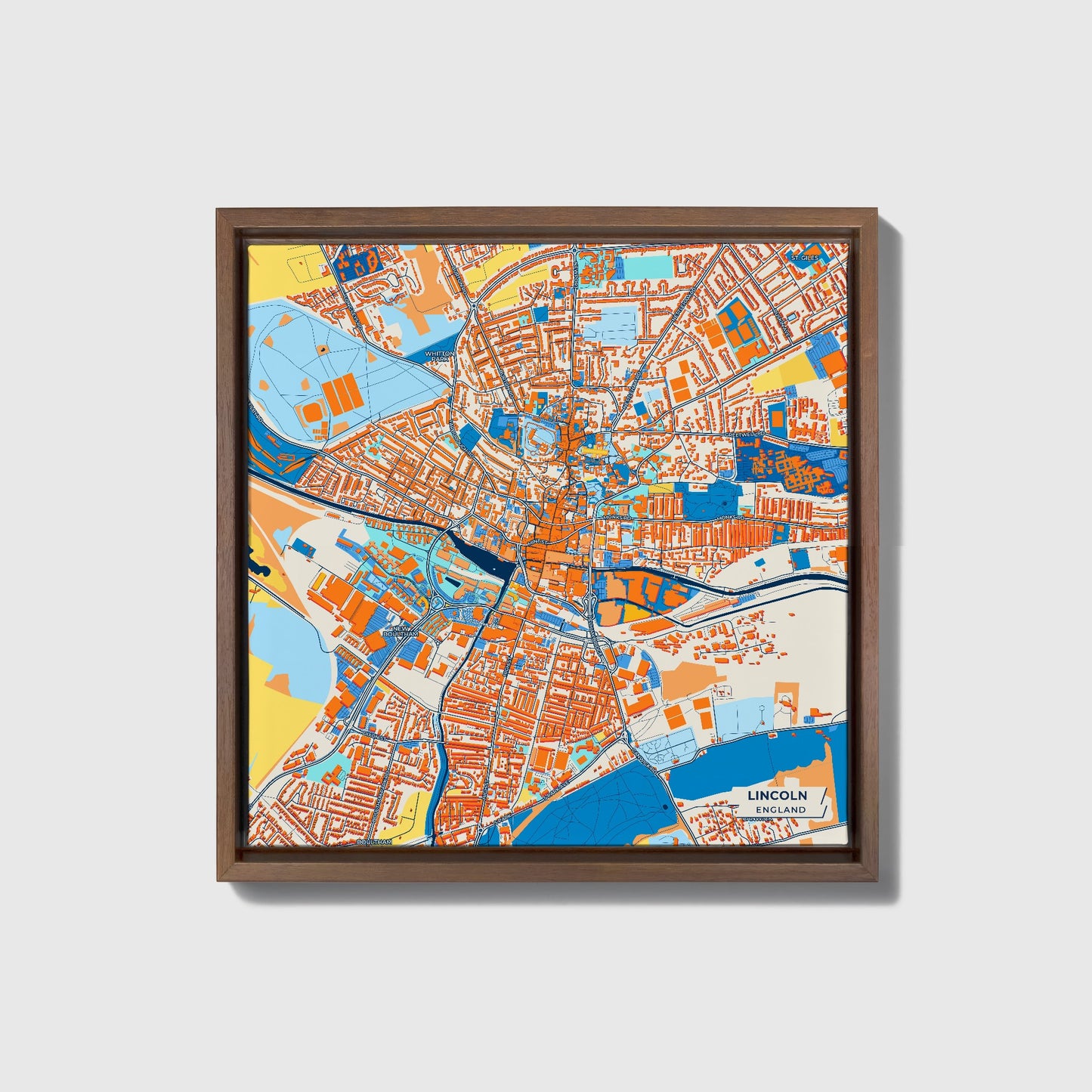 Lincoln England Colorful City Map Canvas Print • Dark Wooden Framed