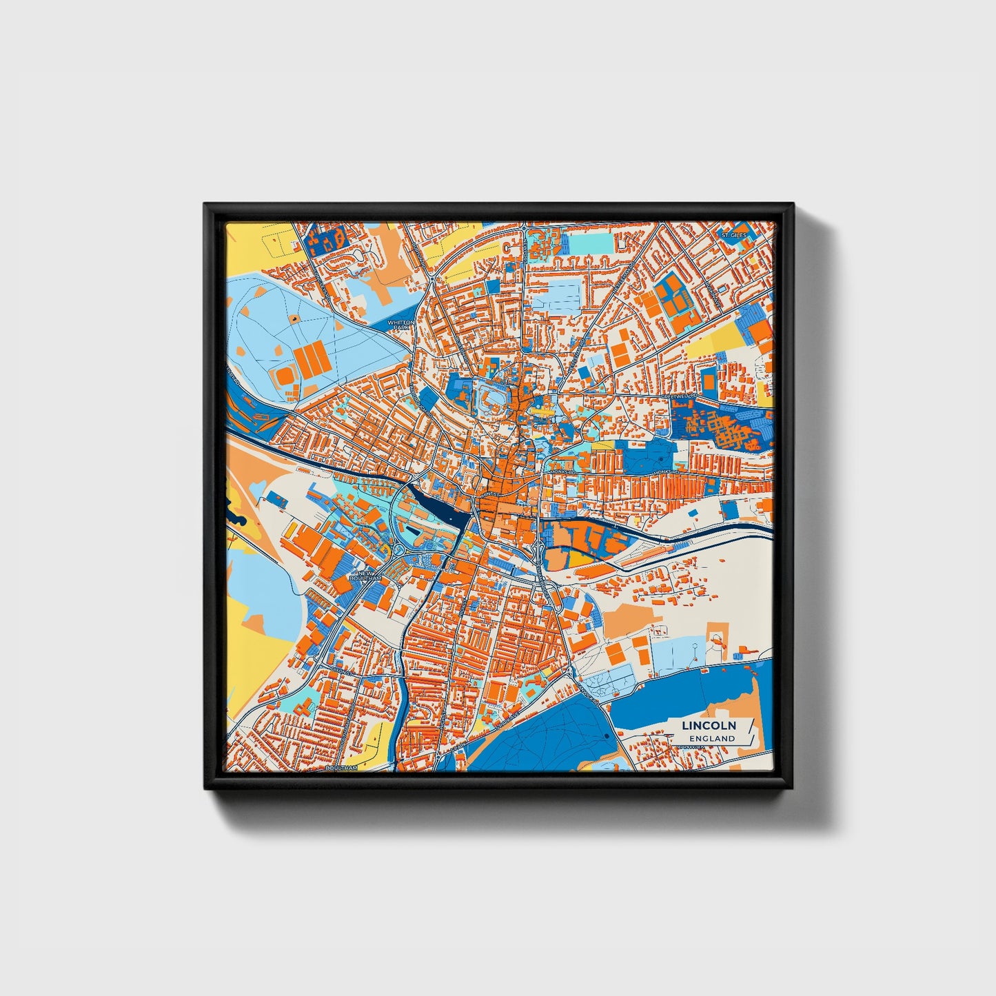 Lincoln England Colorful City Map Canvas Print • Black Framed