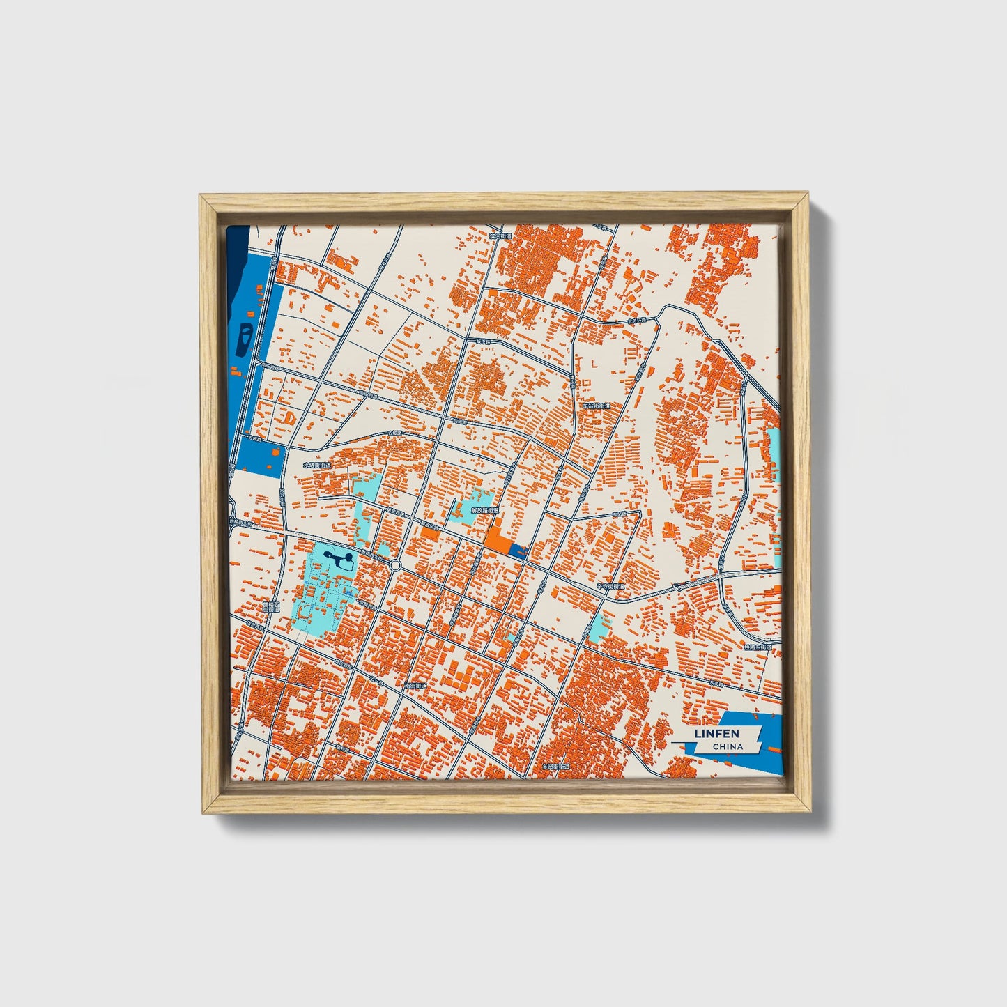 Linfen China Colorful City Map Canvas Print • Natural Wooden Framed
