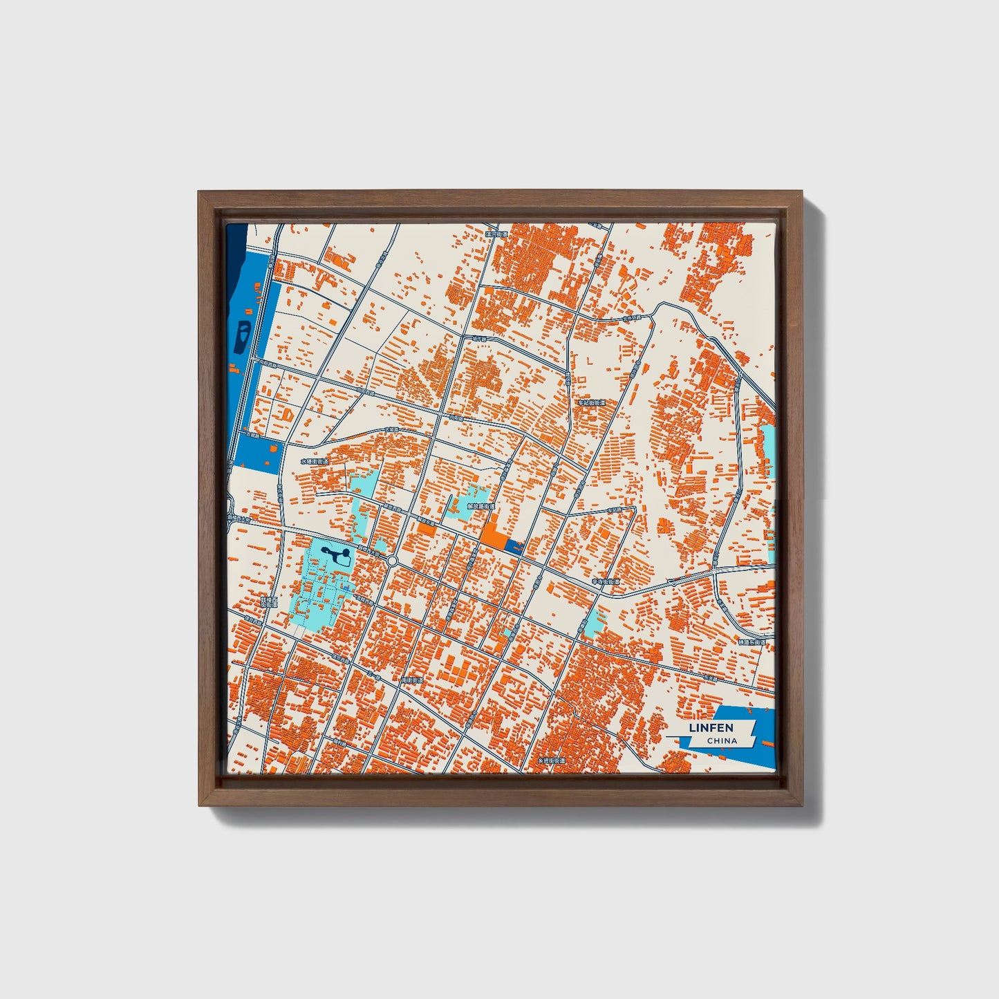 Linfen China Colorful City Map Canvas Print • Dark Wooden Framed