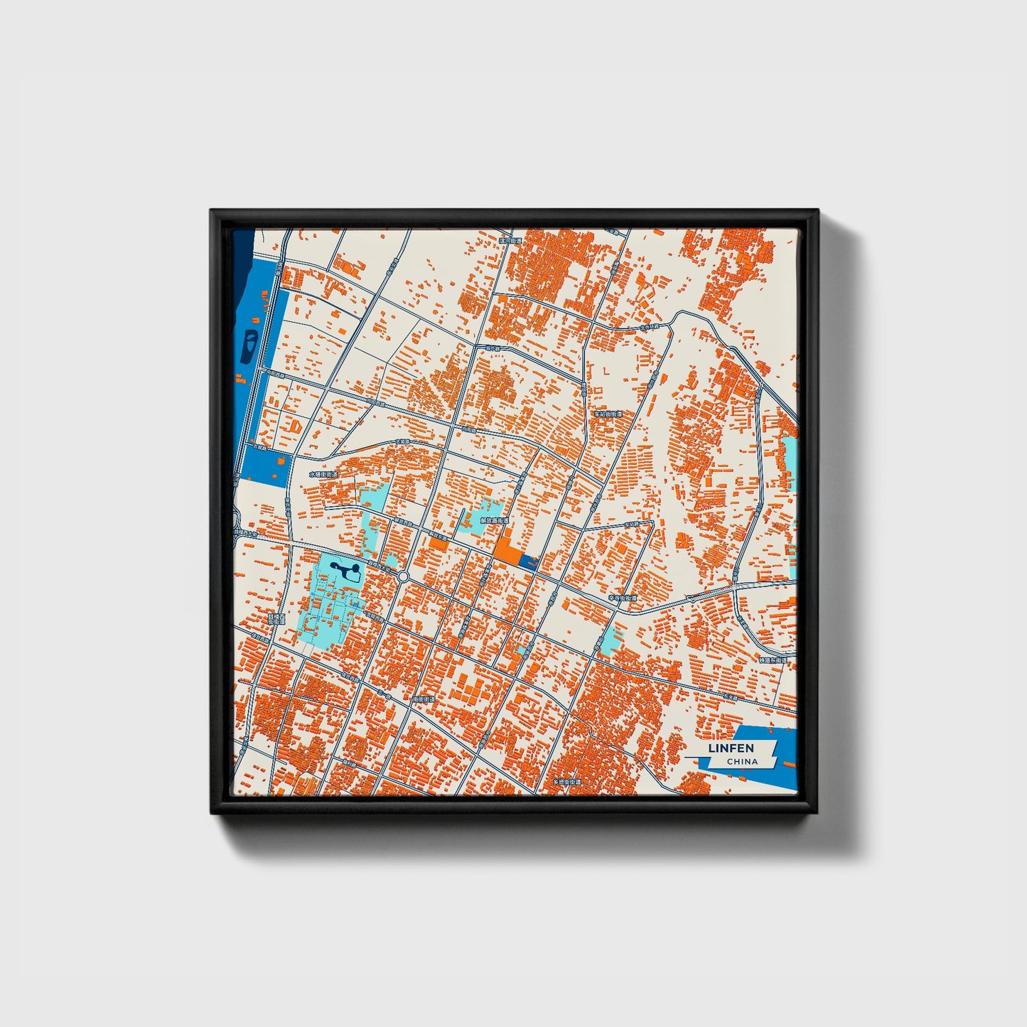 Linfen China Colorful City Map Canvas Print • Black Framed