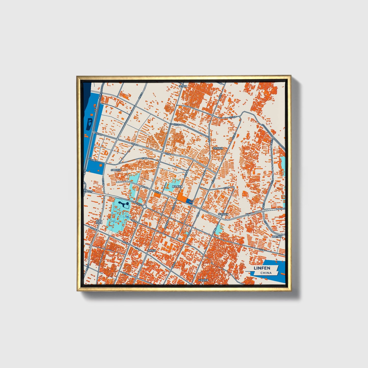 Linfen China Colorful City Map Canvas Print • Gold Framed