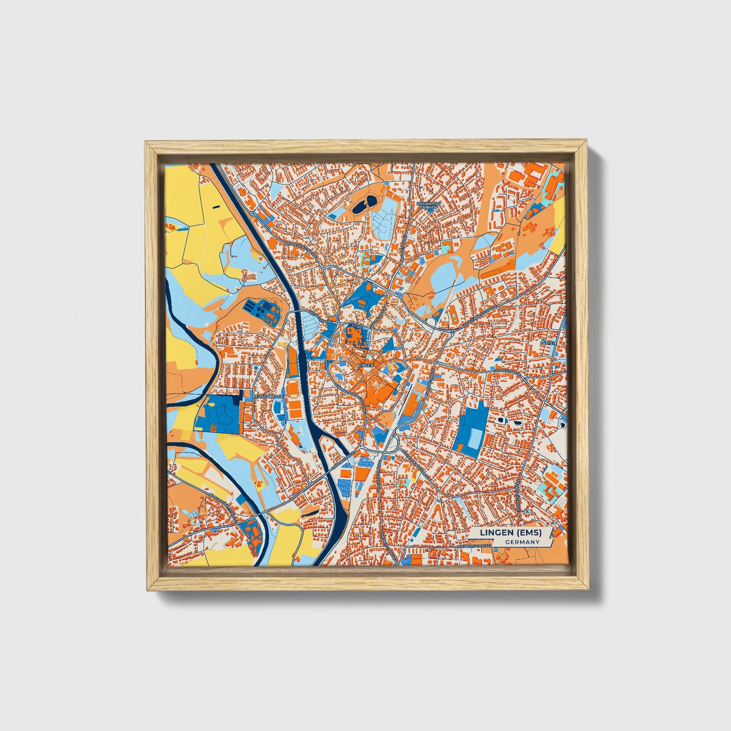 Lingen (Ems) Germany Colorful City Map Canvas Print • Natural Wooden Framed