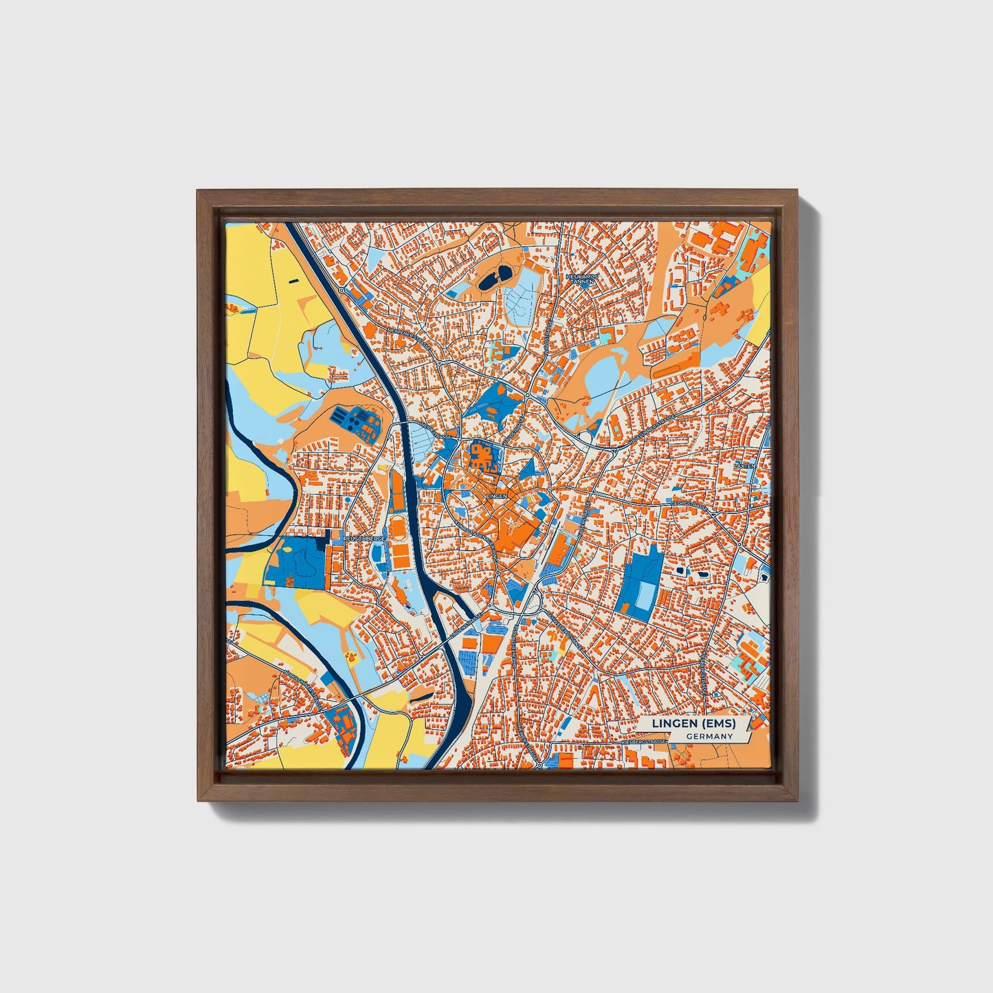 Lingen (Ems) Germany Colorful City Map Canvas Print • Dark Wooden Framed