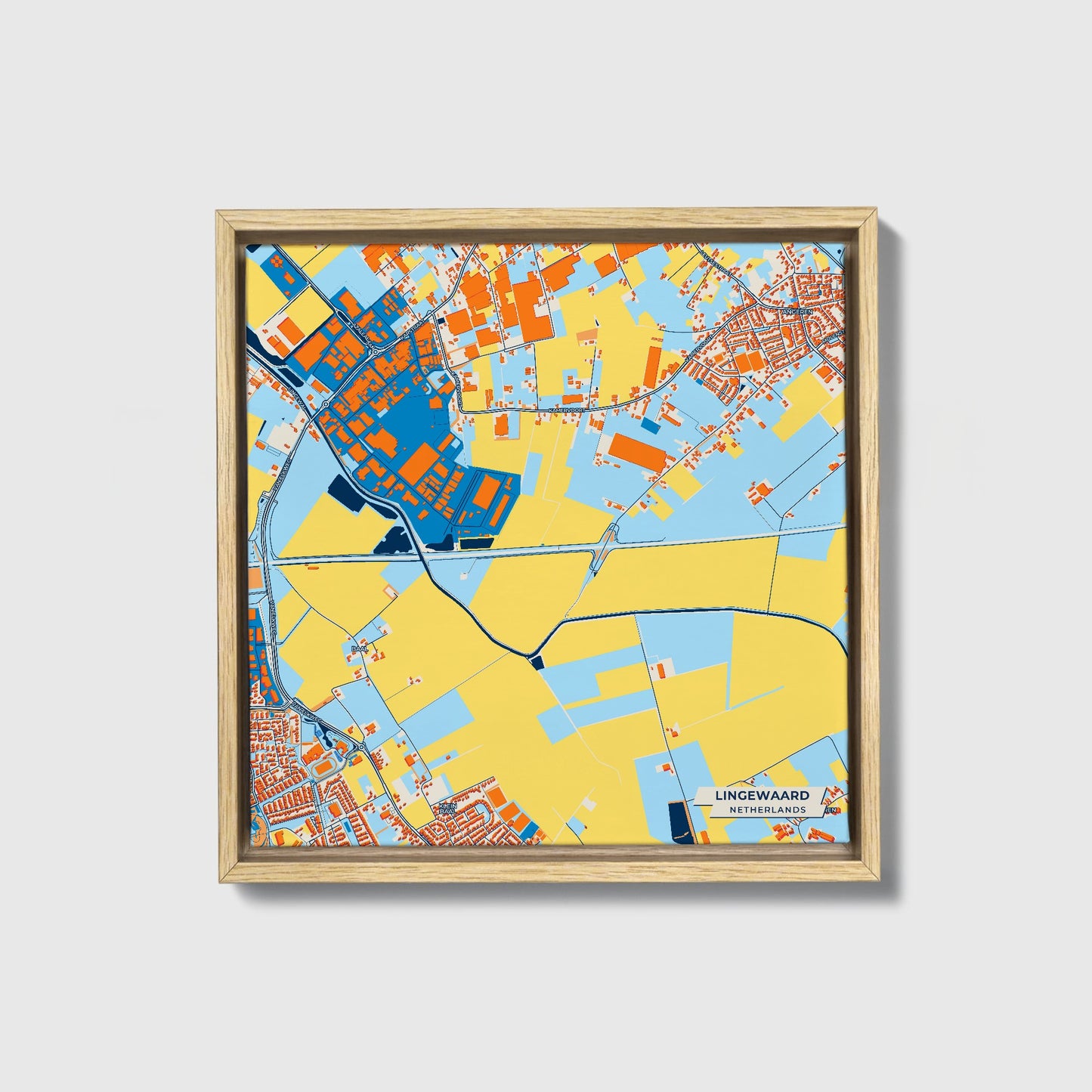 Lingewaard Netherlands Colorful City Map Canvas Print • Natural Wooden Framed