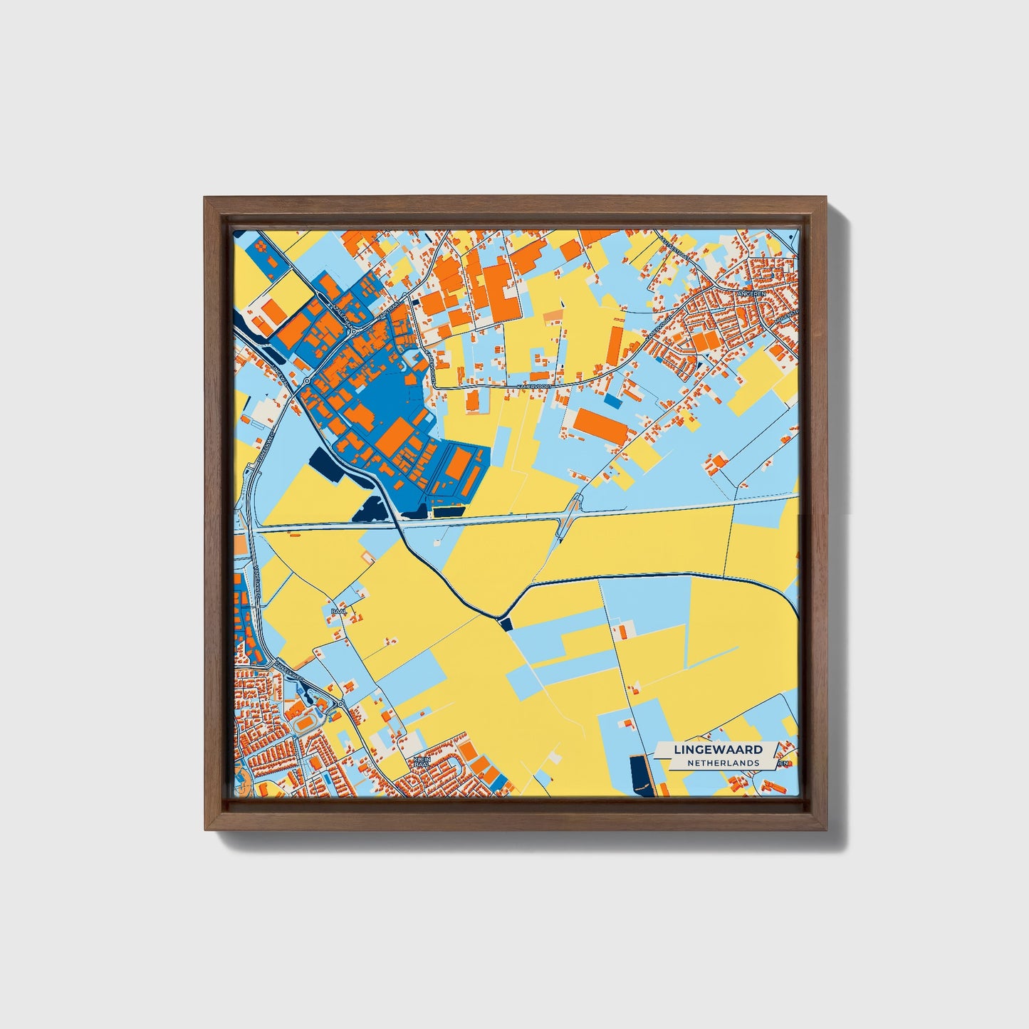 Lingewaard Netherlands Colorful City Map Canvas Print • Dark Wooden Framed
