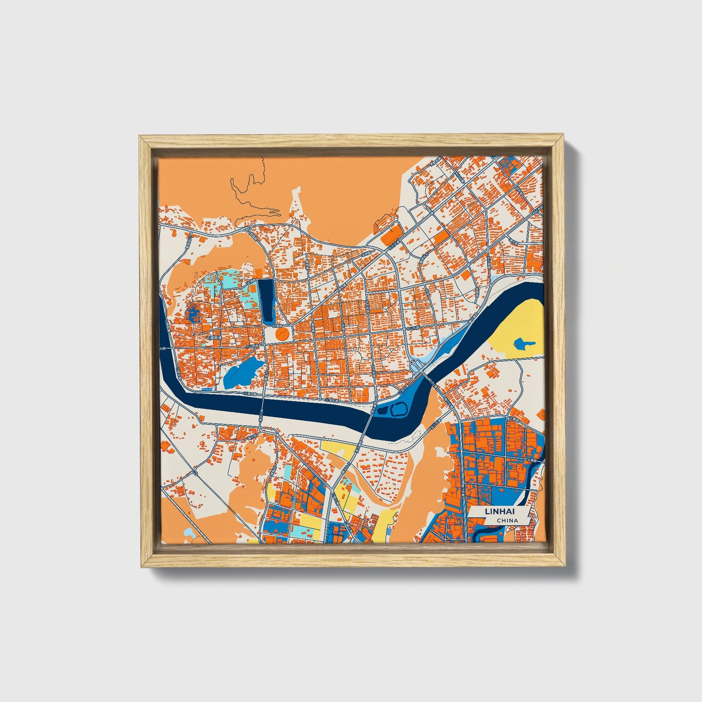 Linhai China Colorful City Map Canvas Print • Natural Wooden Framed
