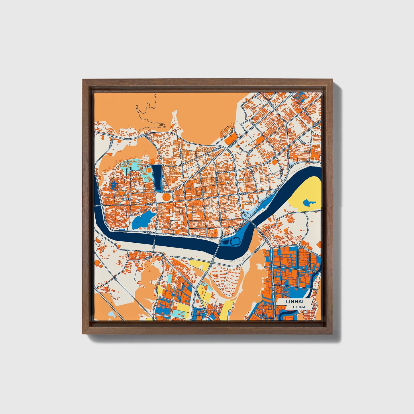 Linhai China Colorful City Map Canvas Print • Dark Wooden Framed