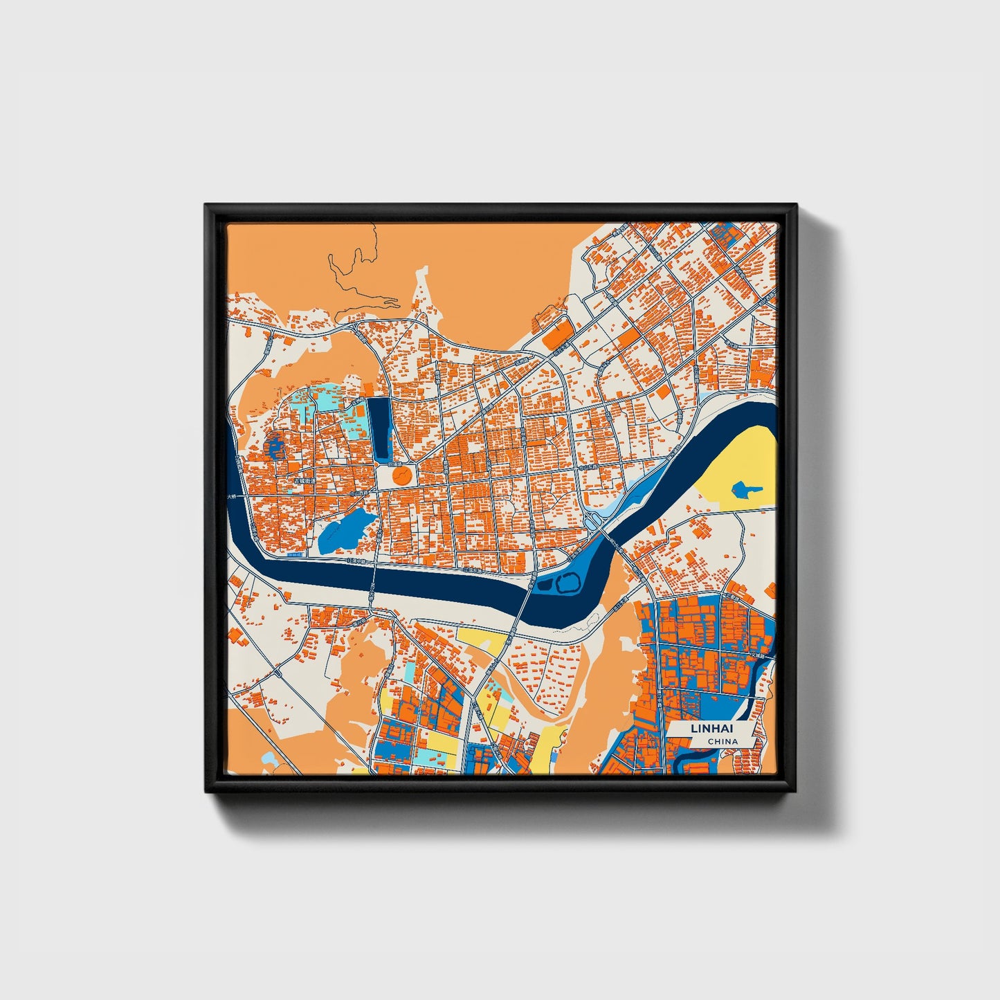 Linhai China Colorful City Map Canvas Print • Black Framed
