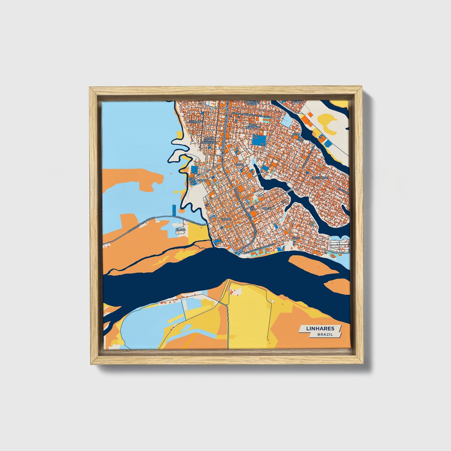 Linhares Brazil Colorful City Map Canvas Print • Natural Wooden Framed
