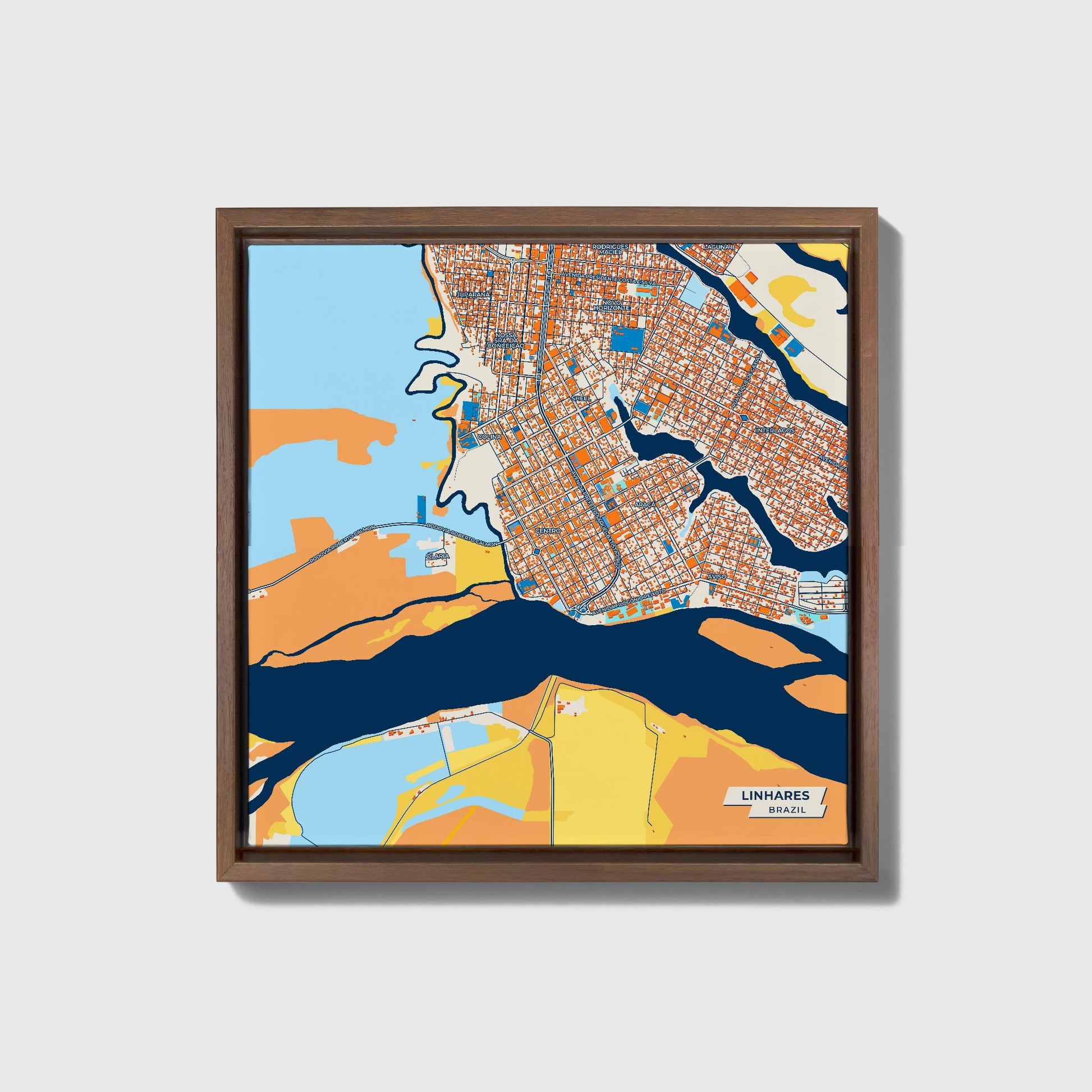Linhares Brazil Colorful City Map Canvas Print • Dark Wooden Framed