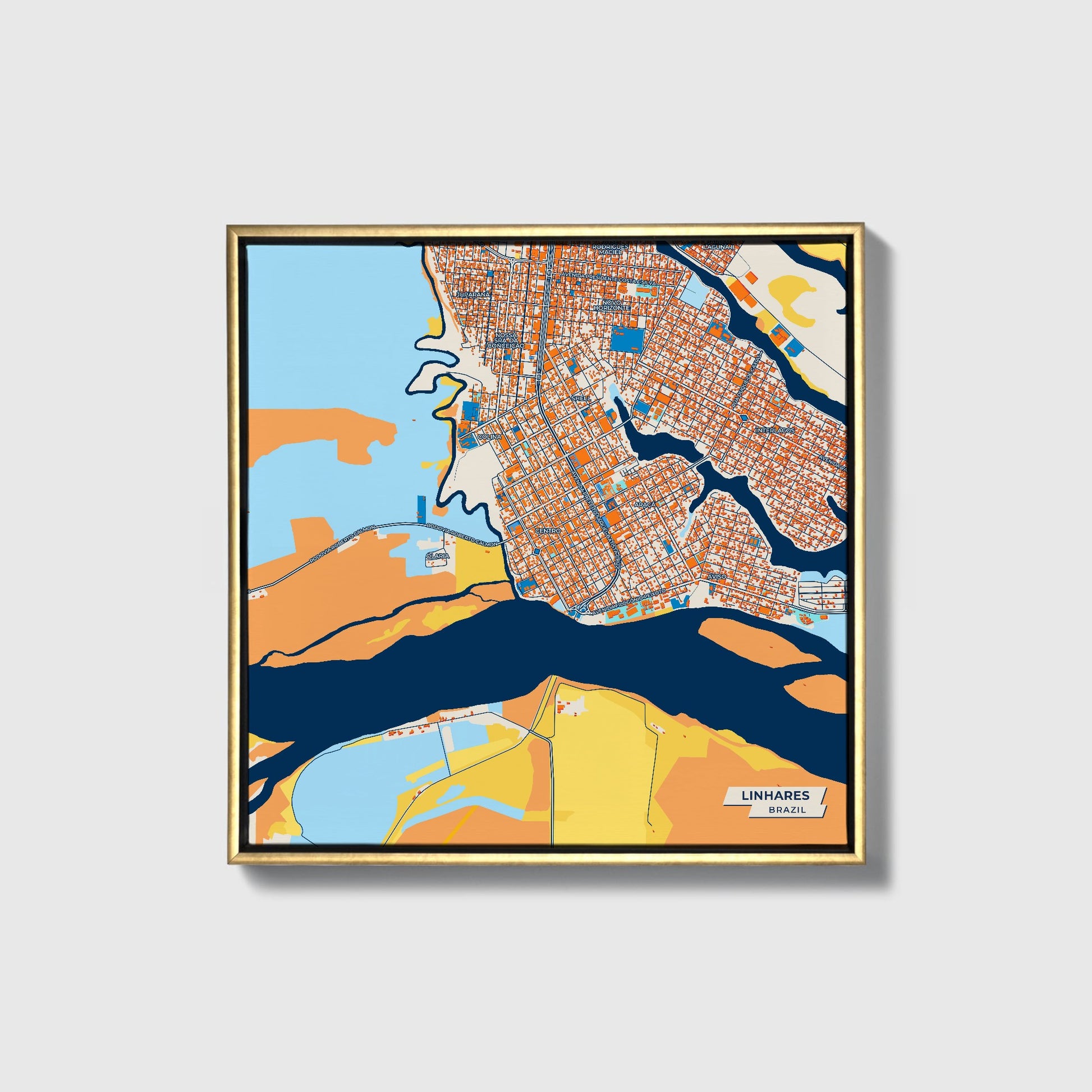 Linhares Brazil Colorful City Map Canvas Print • Gold Framed