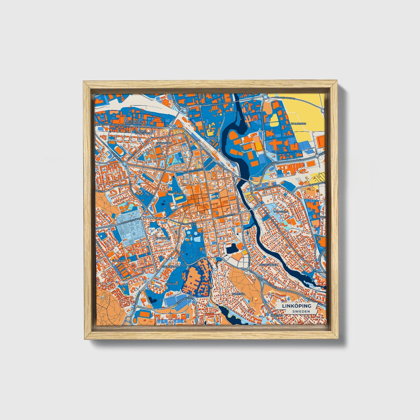 Linköping Sweden Colorful City Map Canvas Print • Natural Wooden Framed