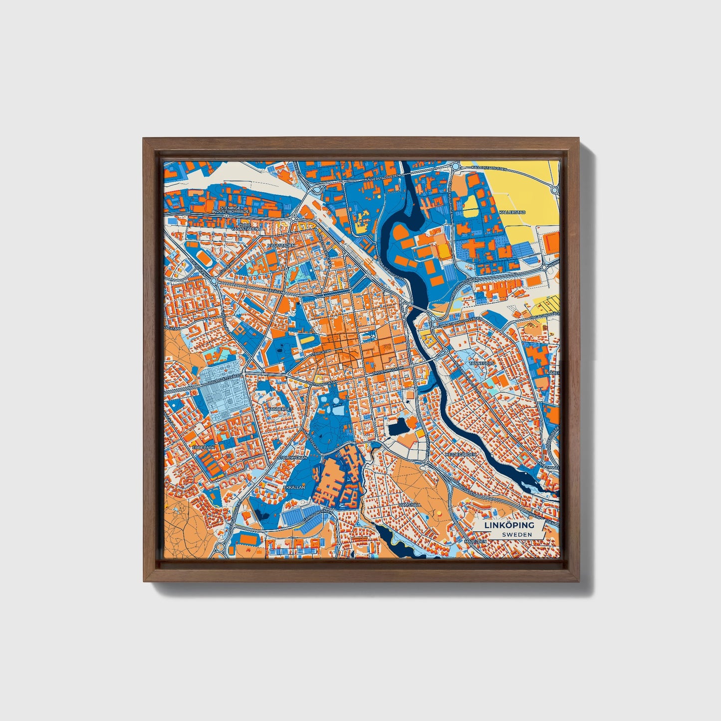 Linköping Sweden Colorful City Map Canvas Print • Dark Wooden Framed