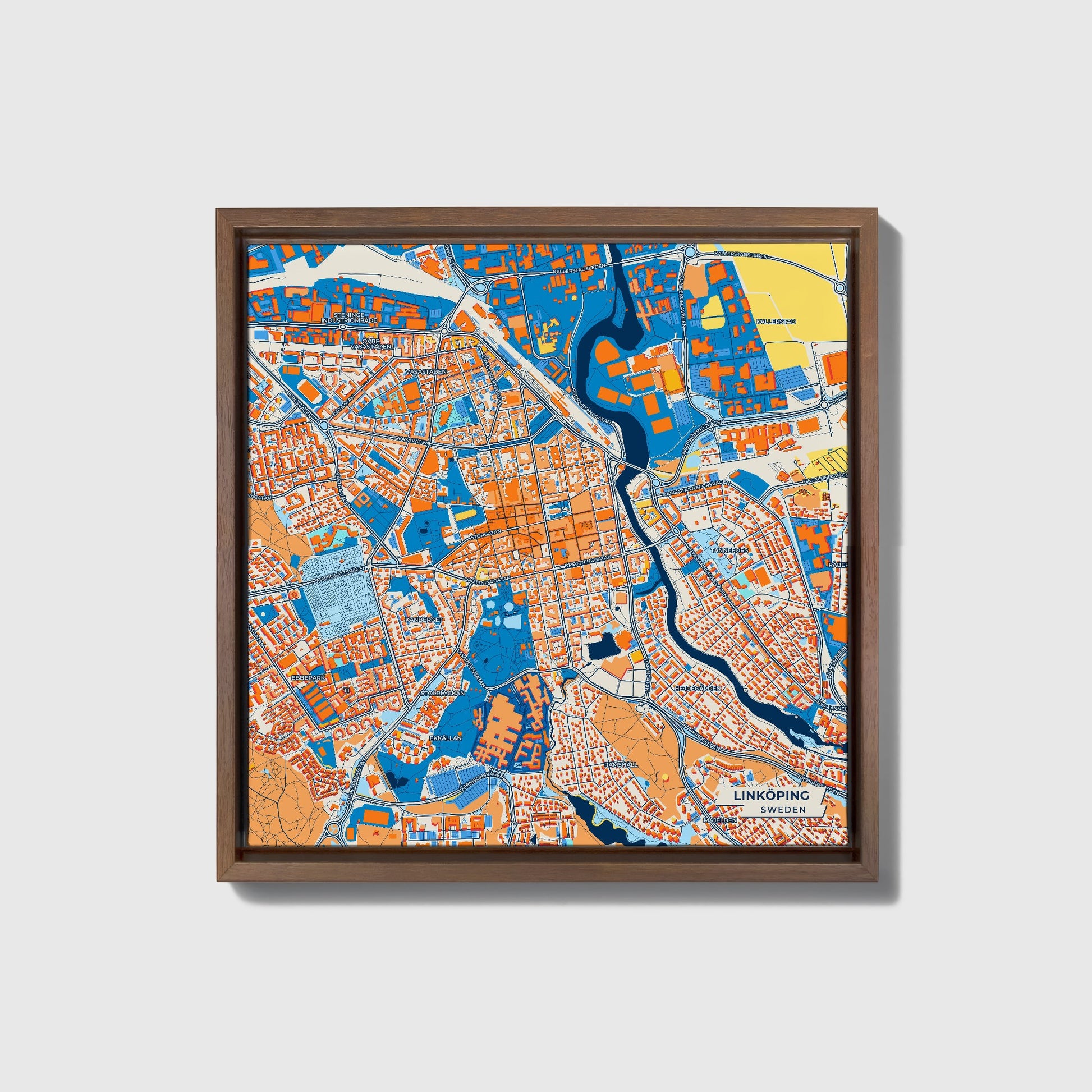 Linköping Sweden Colorful City Map Canvas Print • Dark Wooden Framed
