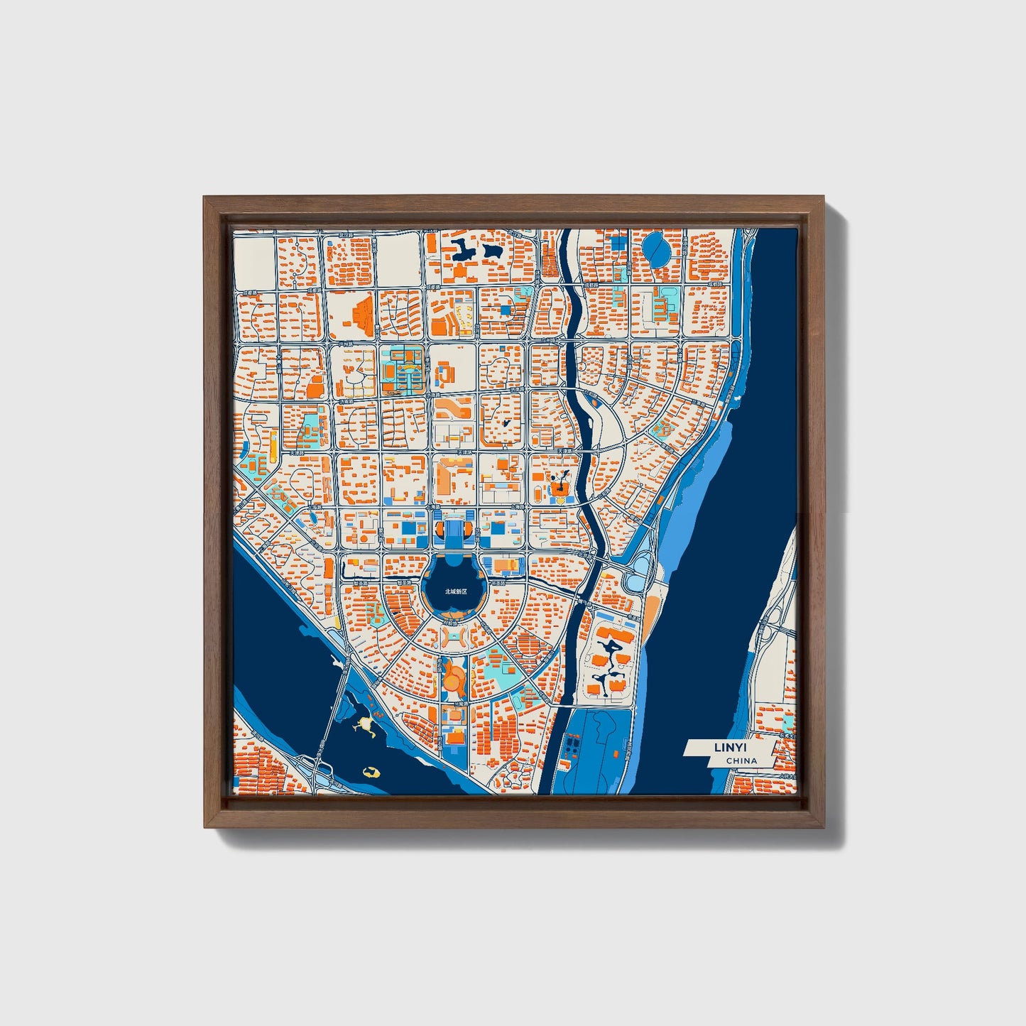 Linyi China Colorful City Map Canvas Print • Dark Wooden Framed