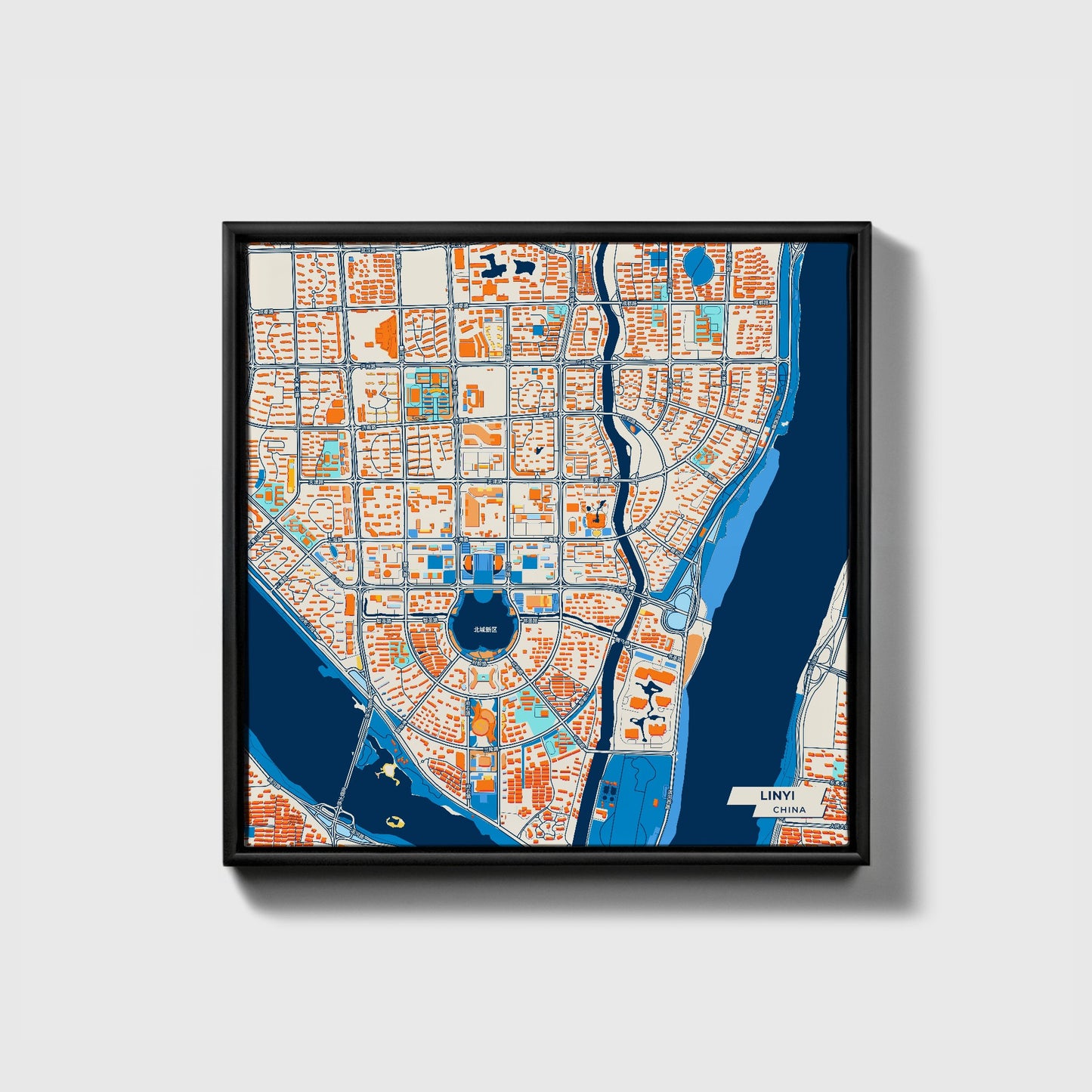Linyi China Colorful City Map Canvas Print • Black Framed