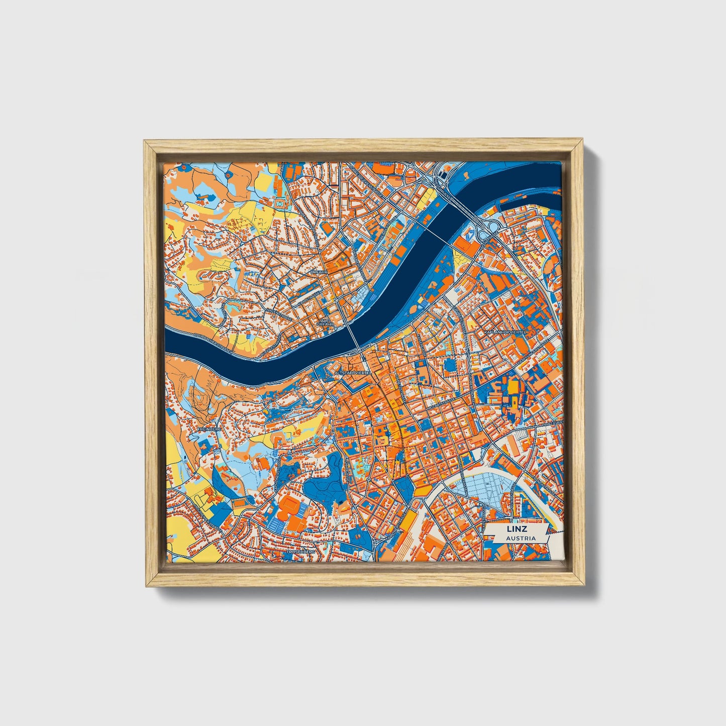 Linz Austria Colorful City Map Canvas Print • Natural Wooden Framed