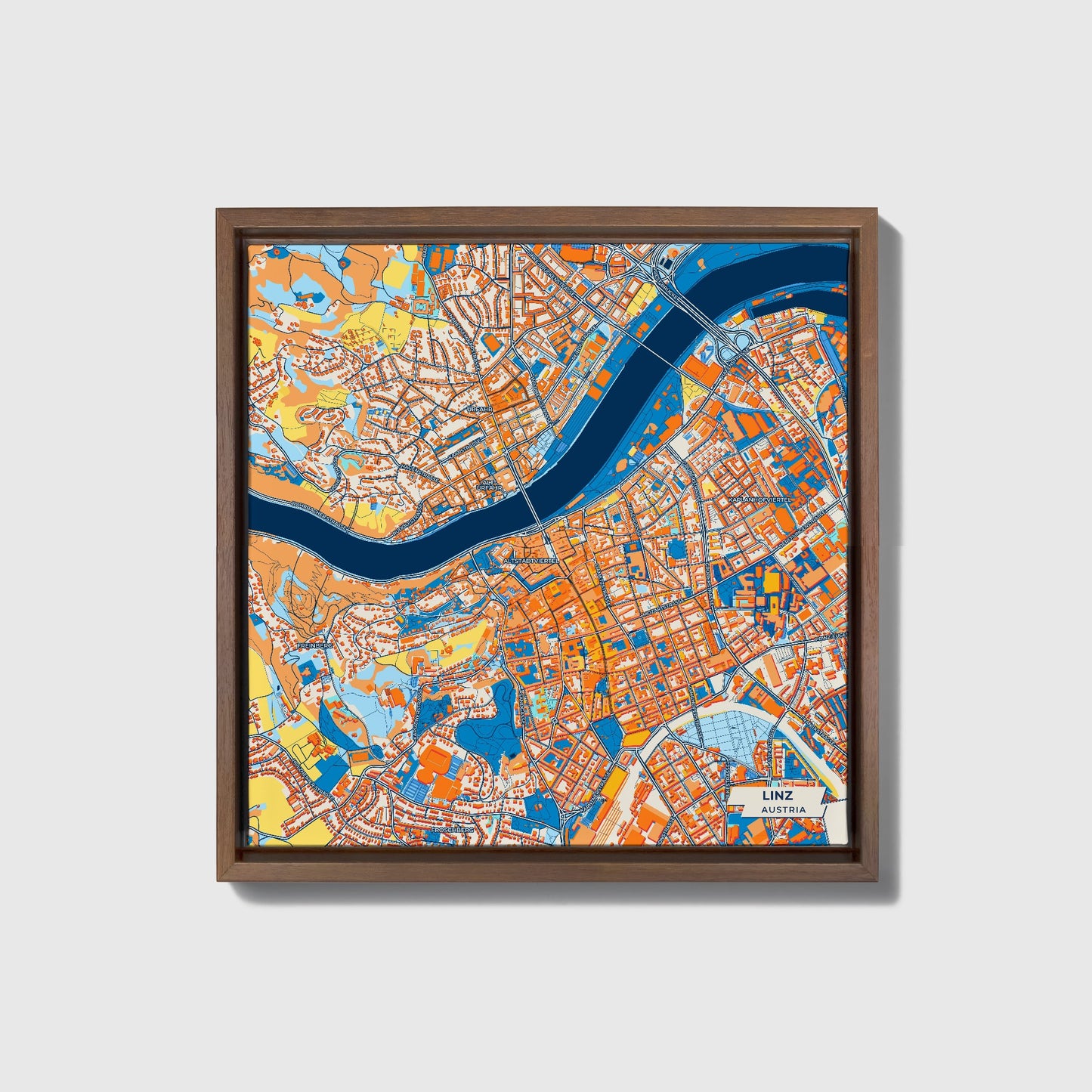 Linz Austria Colorful City Map Canvas Print • Dark Wooden Framed