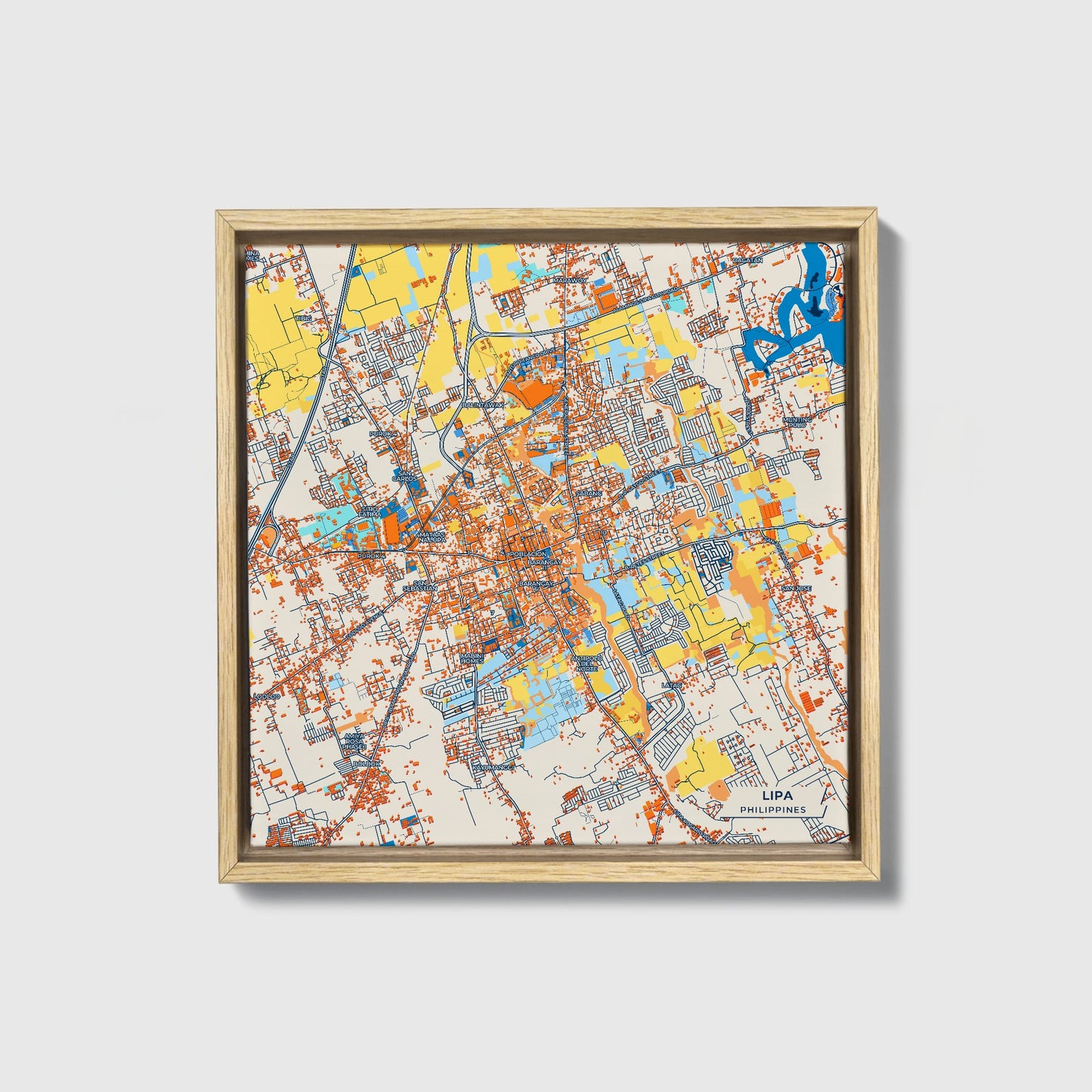 Lipa Philippines Colorful City Map Canvas Print • Natural Wooden Framed