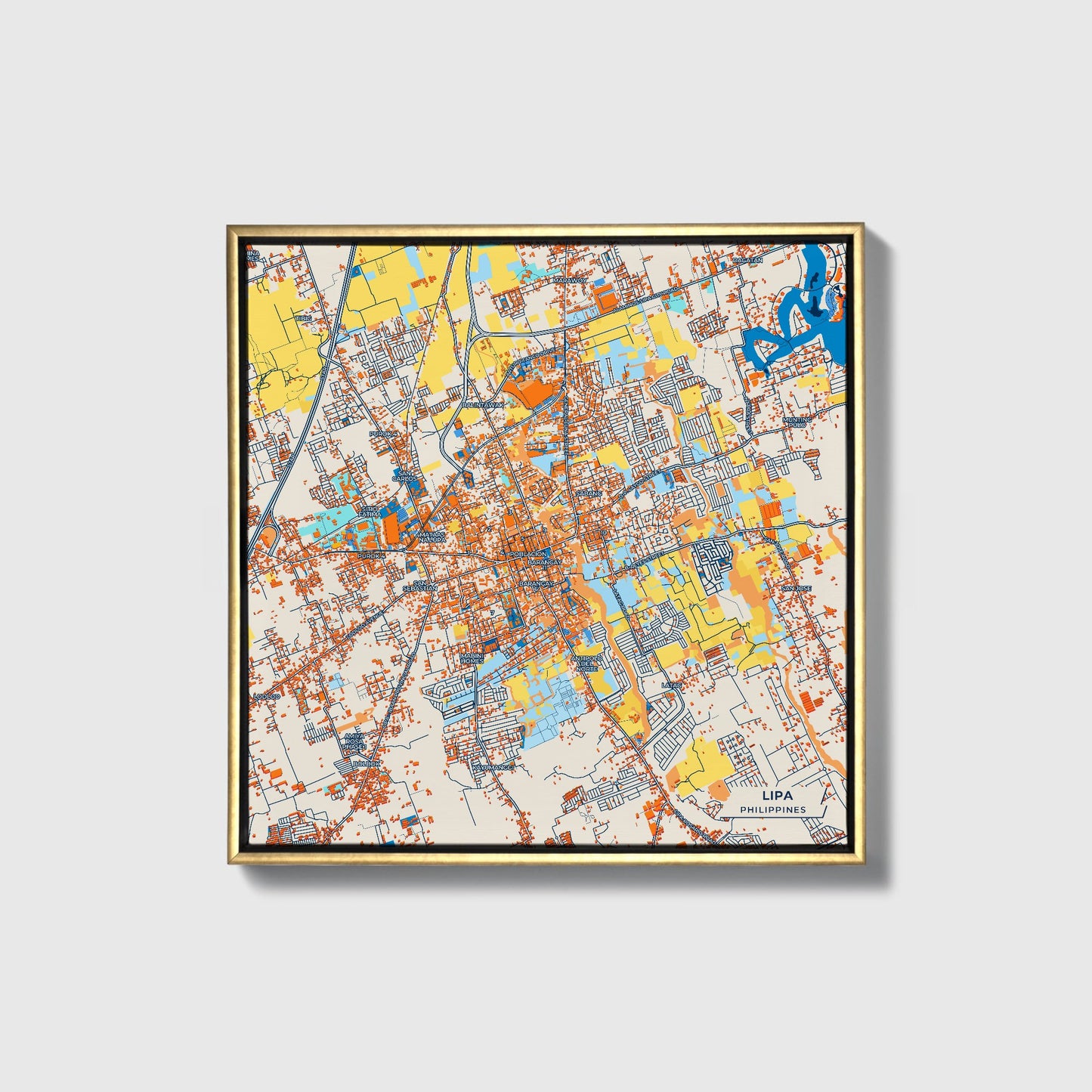 Lipa Philippines Colorful City Map Canvas Print • Gold Framed