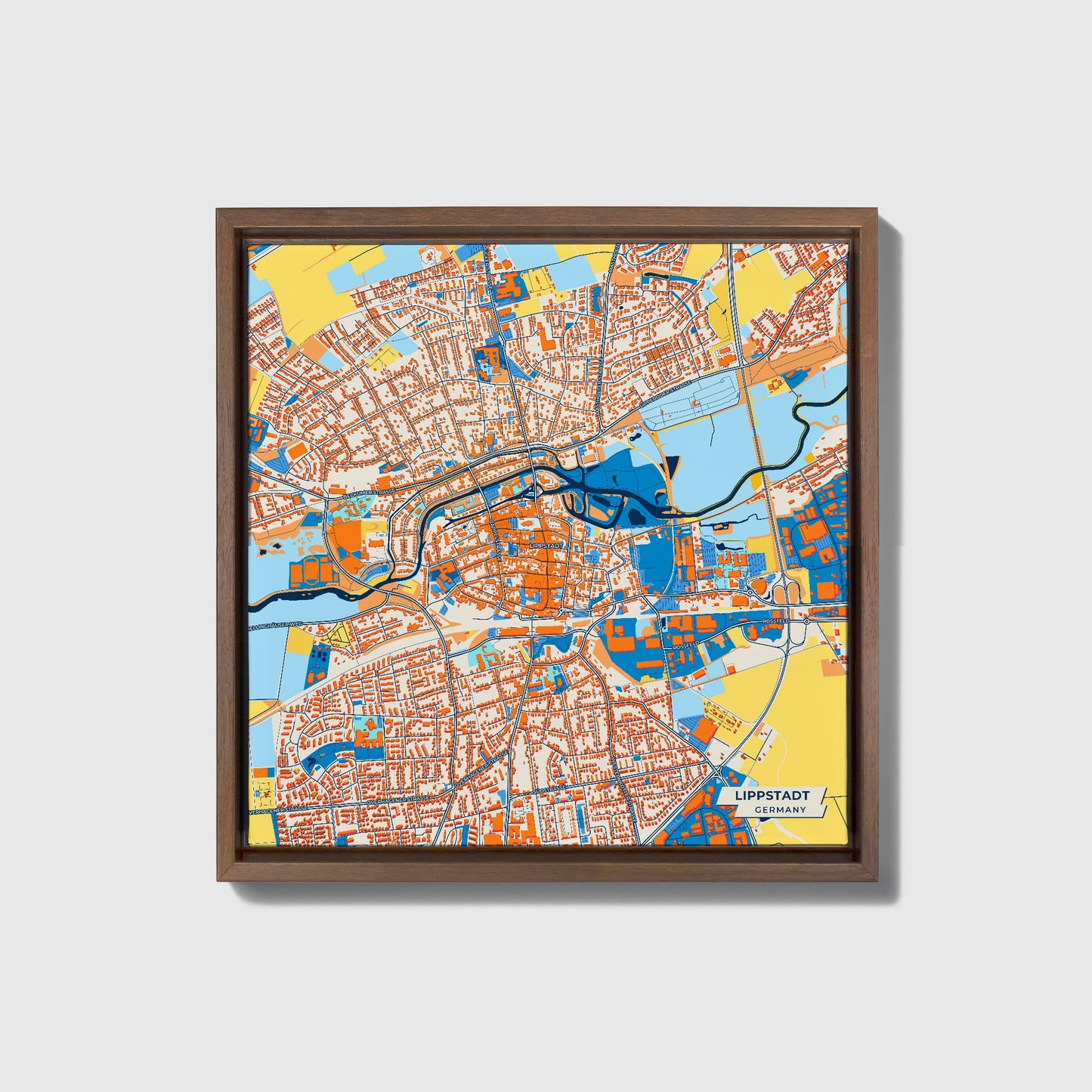 Lippstadt Germany Colorful City Map Canvas Print • Dark Wooden Framed