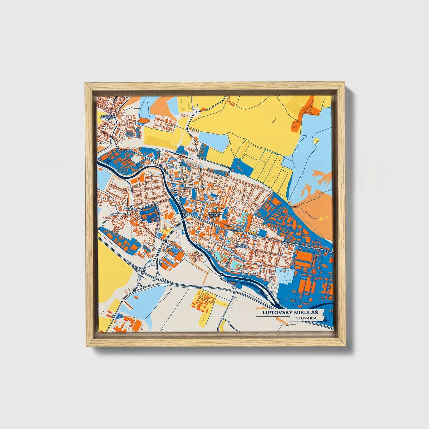 Liptovský Mikuláš Slovakia Colorful City Map Canvas Print • Natural Wooden Framed