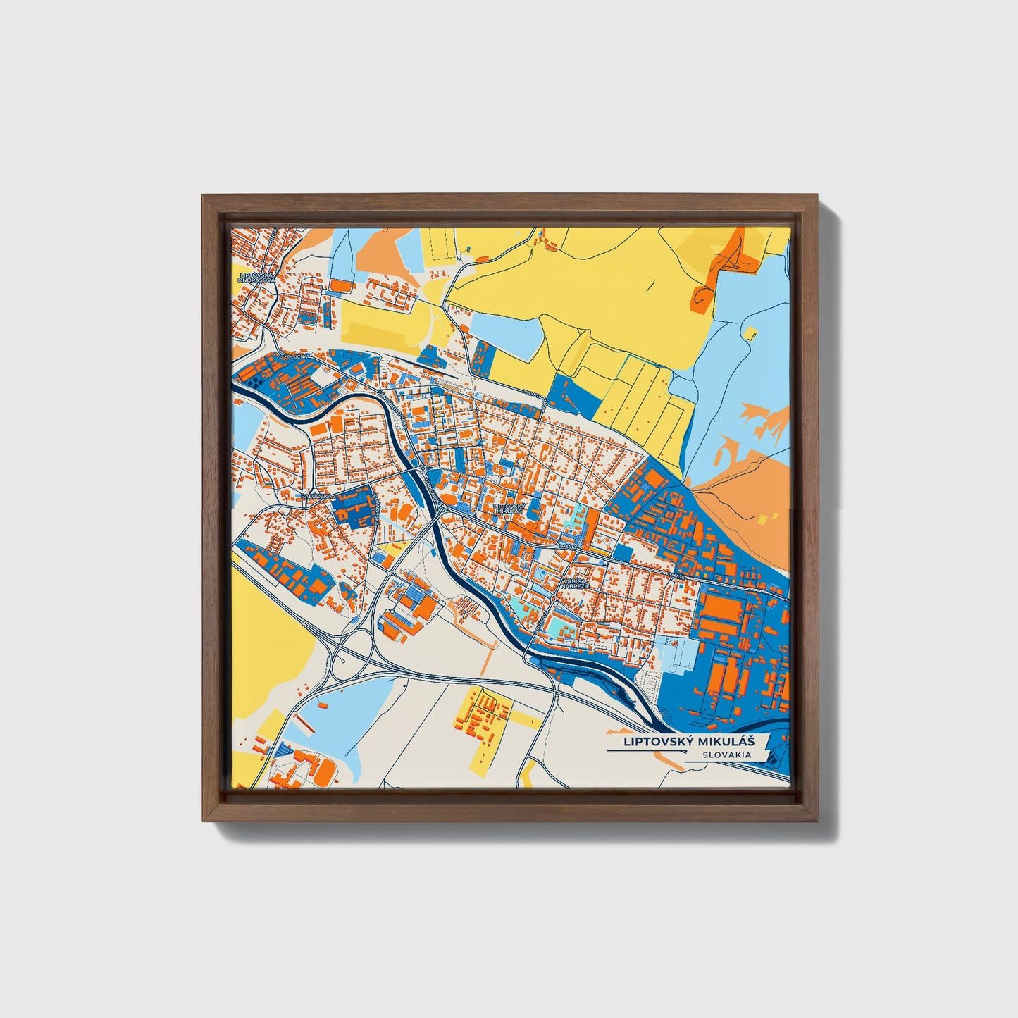 Liptovský Mikuláš Slovakia Colorful City Map Canvas Print • Dark Wooden Framed