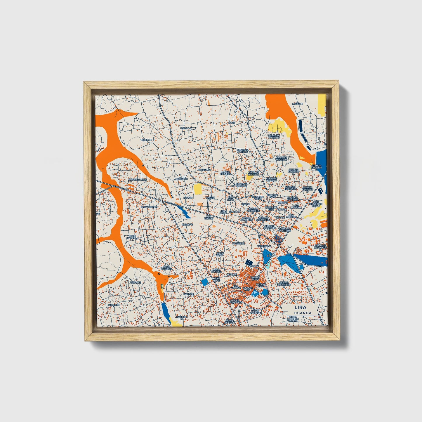 Lira Uganda Colorful City Map Canvas Print • Natural Wooden Framed
