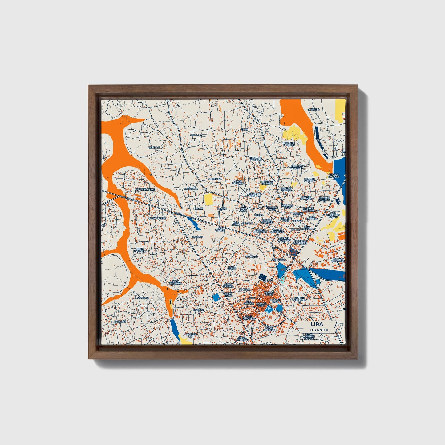 Lira Uganda Colorful City Map Canvas Print • Dark Wooden Framed