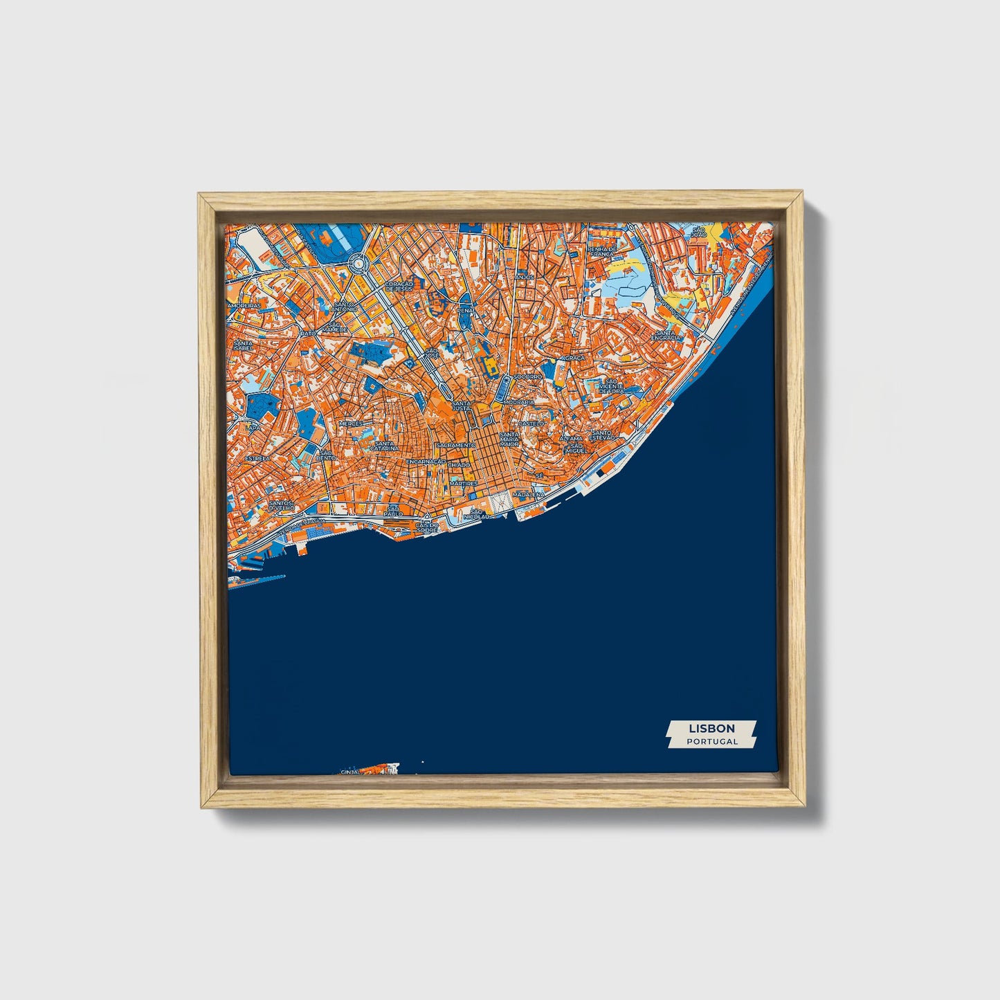 Lisbon Portugal Colorful City Map Canvas Print • Natural Wooden Framed
