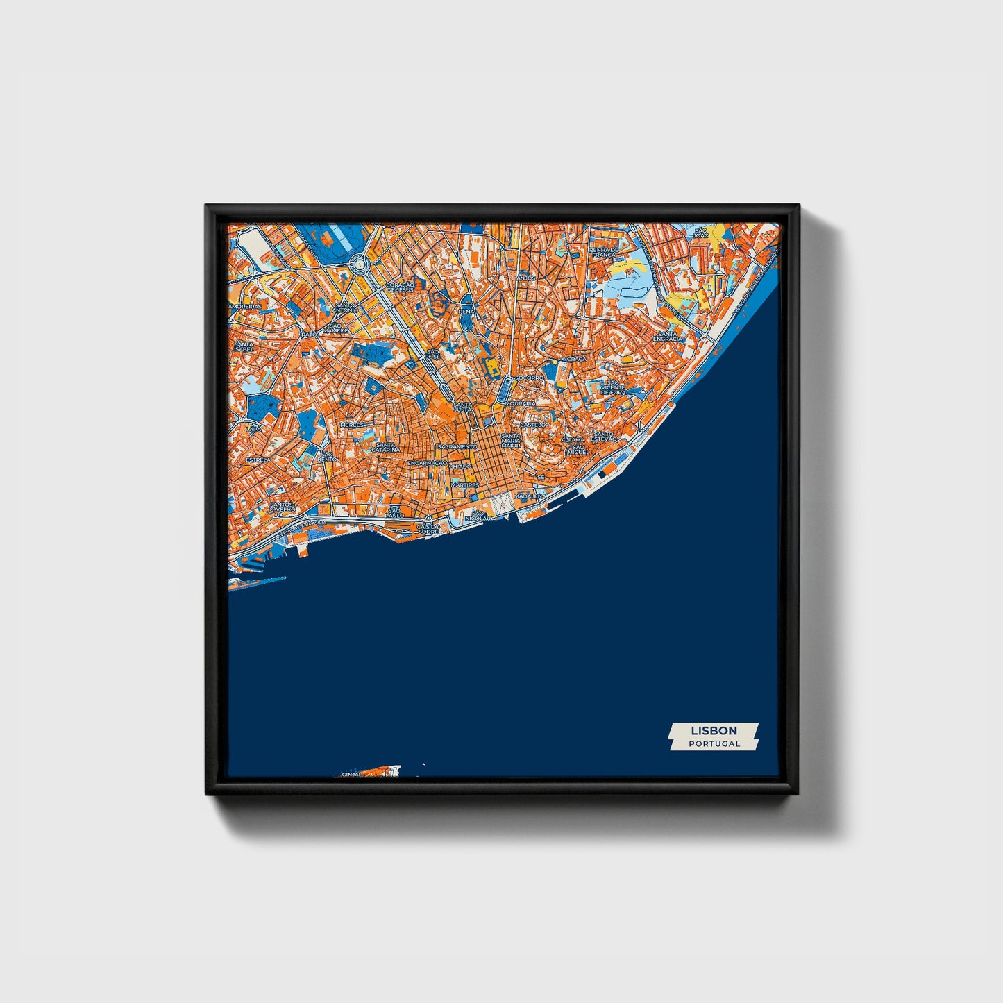 Lisbon Portugal Colorful City Map Canvas Print • Black Framed