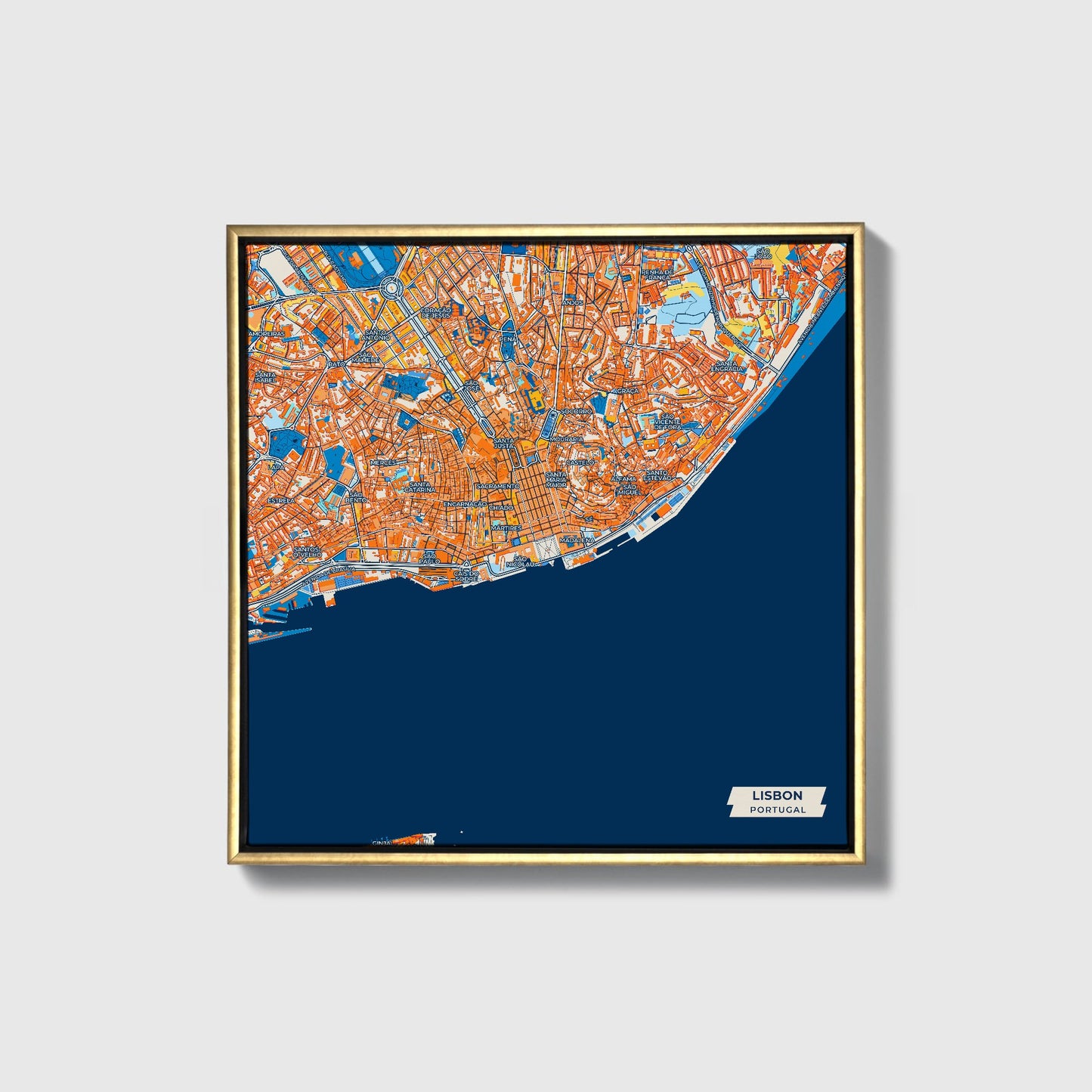 Lisbon Portugal Colorful City Map Canvas Print • Gold Framed