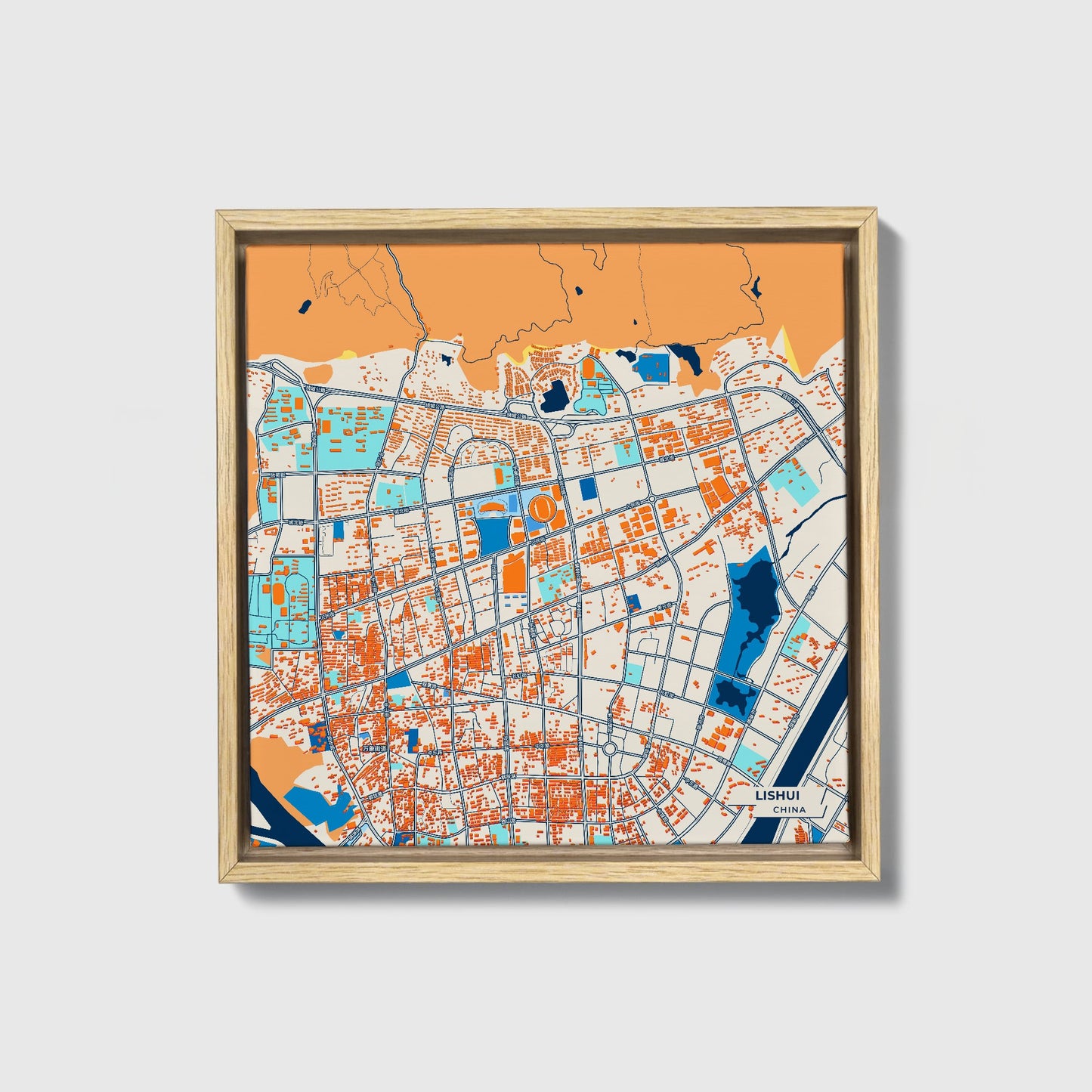 Lishui China Colorful City Map Canvas Print • Natural Wooden Framed