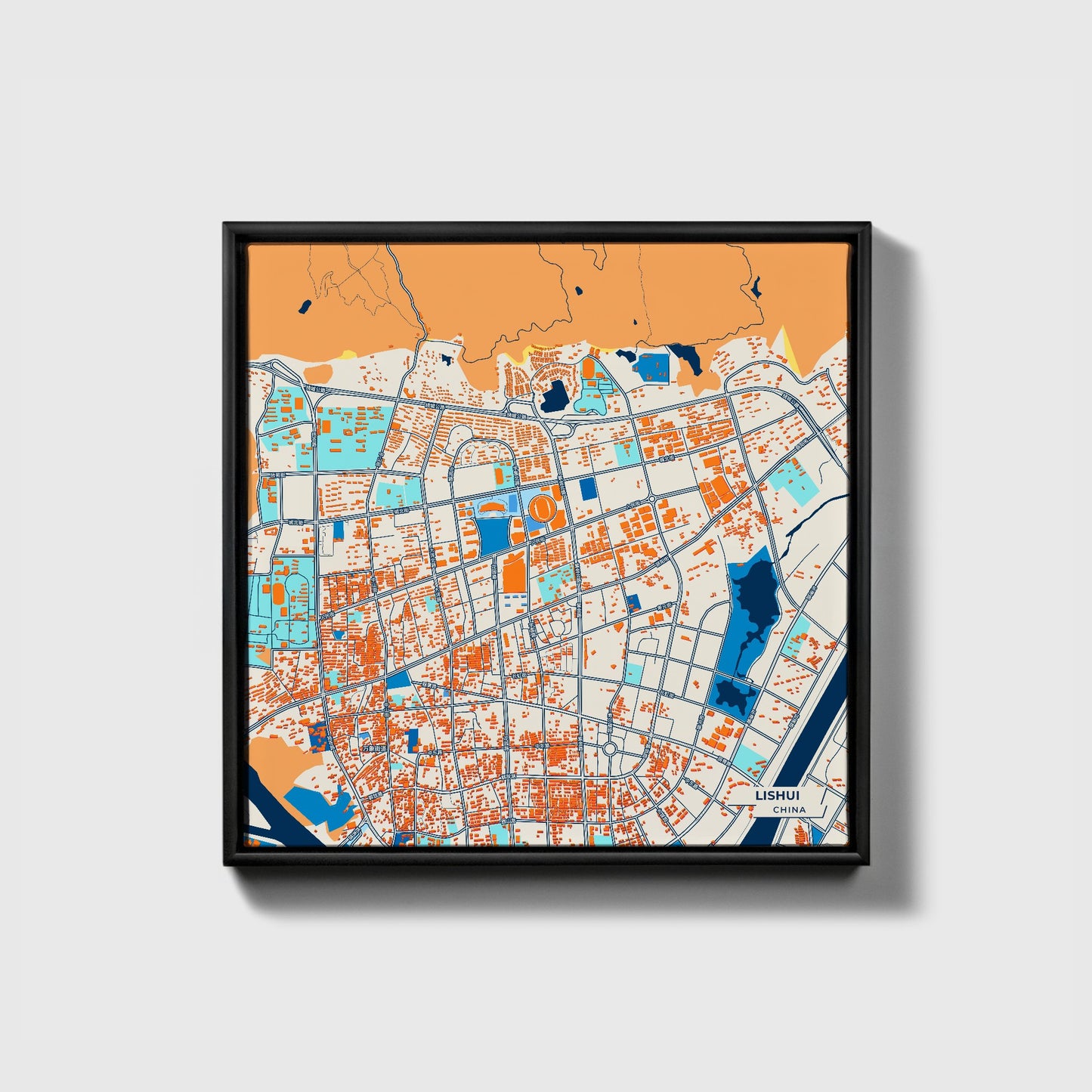 Lishui China Colorful City Map Canvas Print • Black Framed