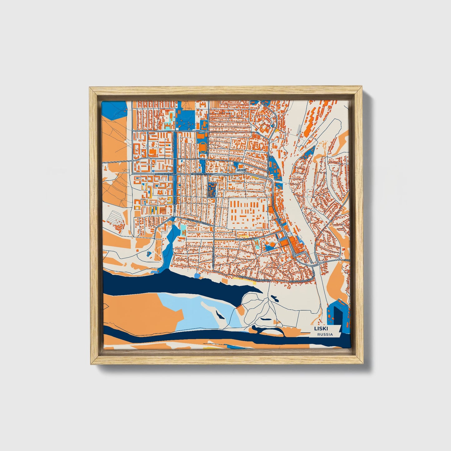 Лиски Russia Colorful City Map Canvas Print • Natural Wooden Framed