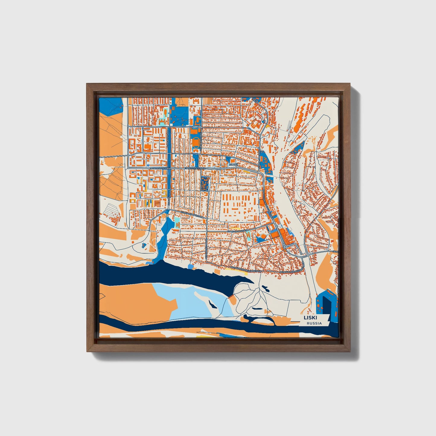 Лиски Russia Colorful City Map Canvas Print • Dark Wooden Framed