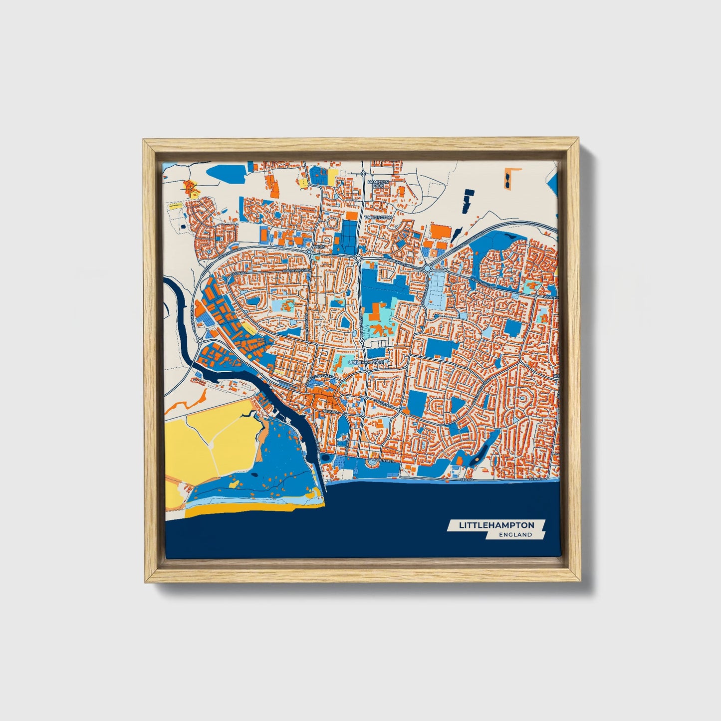 Littlehampton England Colorful City Map Canvas Print • Natural Wooden Framed