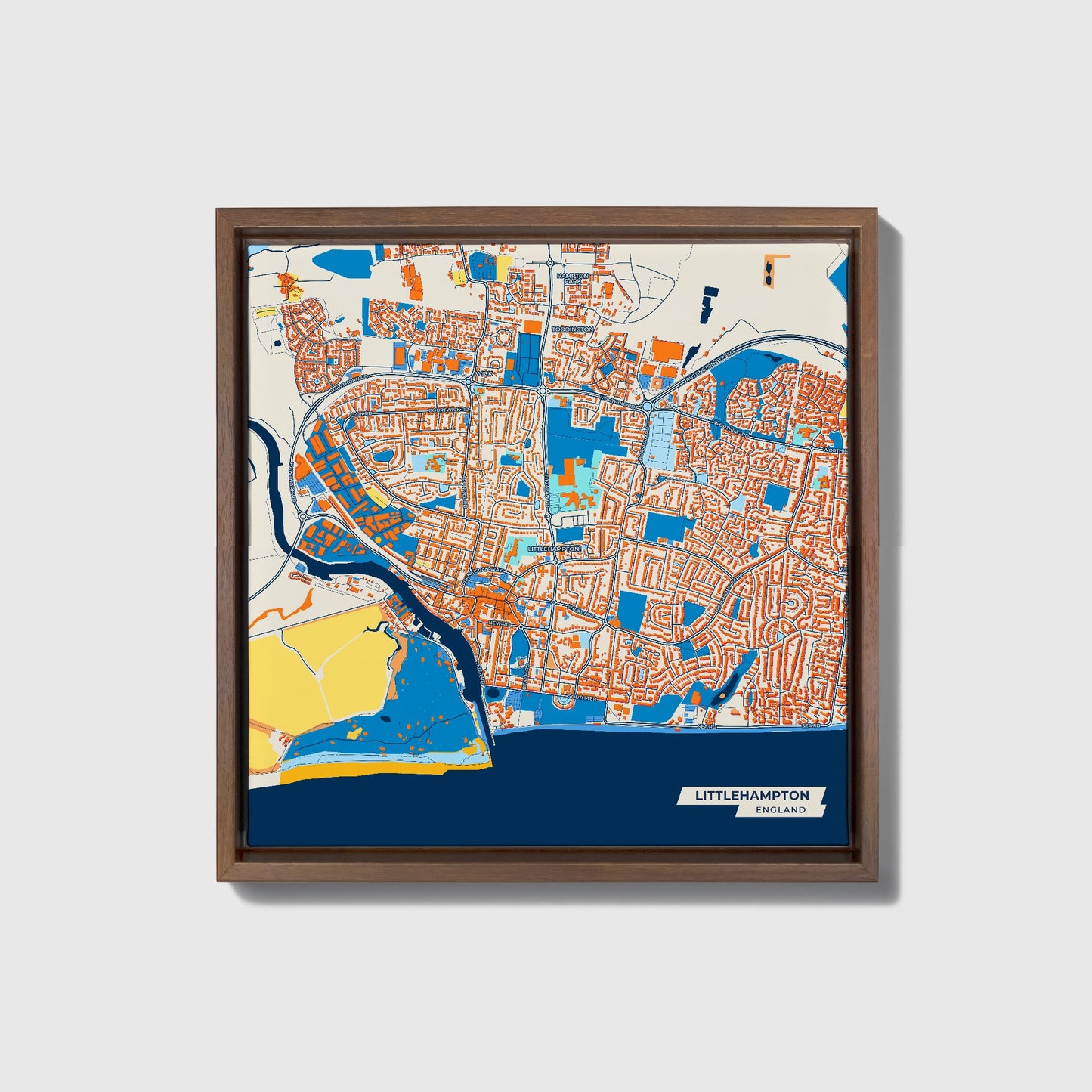 Littlehampton England Colorful City Map Canvas Print • Dark Wooden Framed
